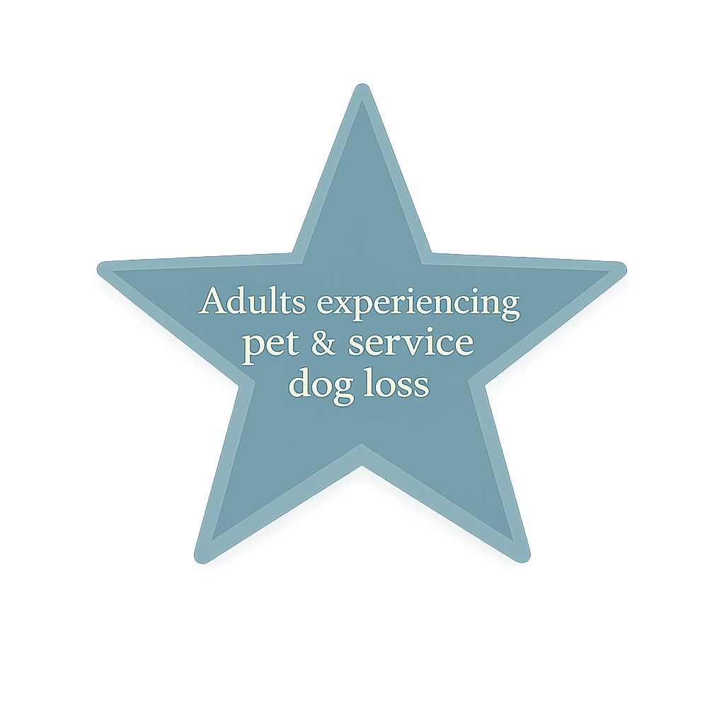 A star-shaped award with the text "Adults experiencing pet & service dog loss" in the center.