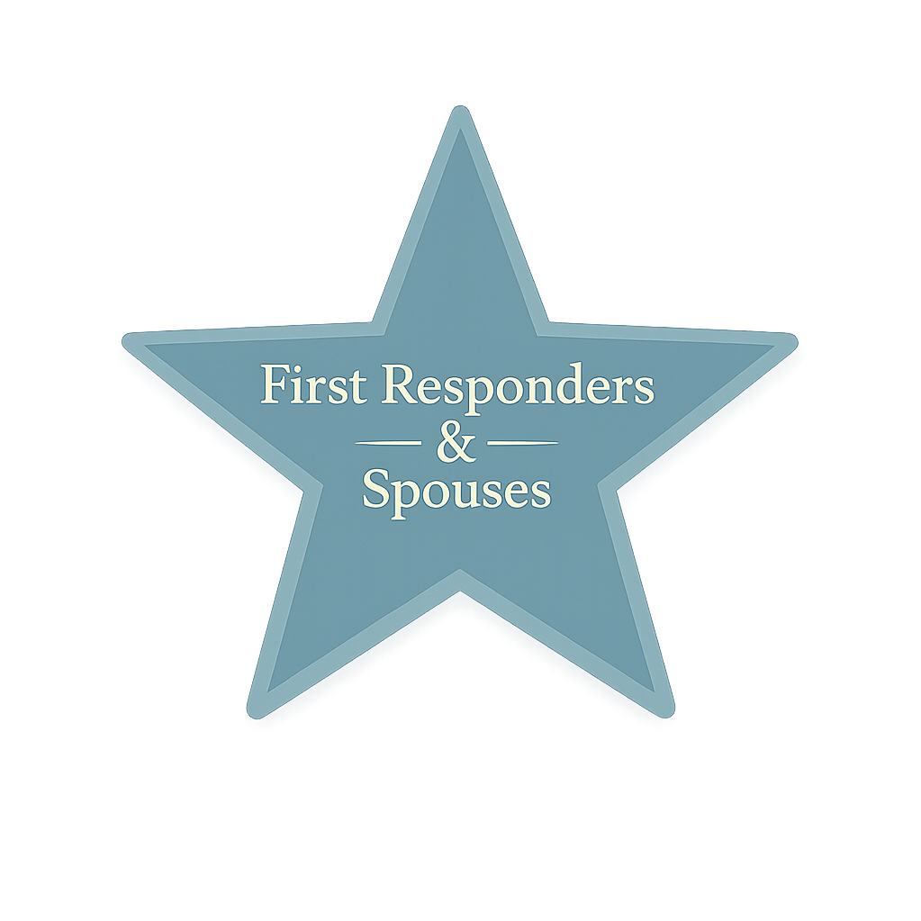 A blue star-shaped award with the text 'First Responders & Spouses' written in white.