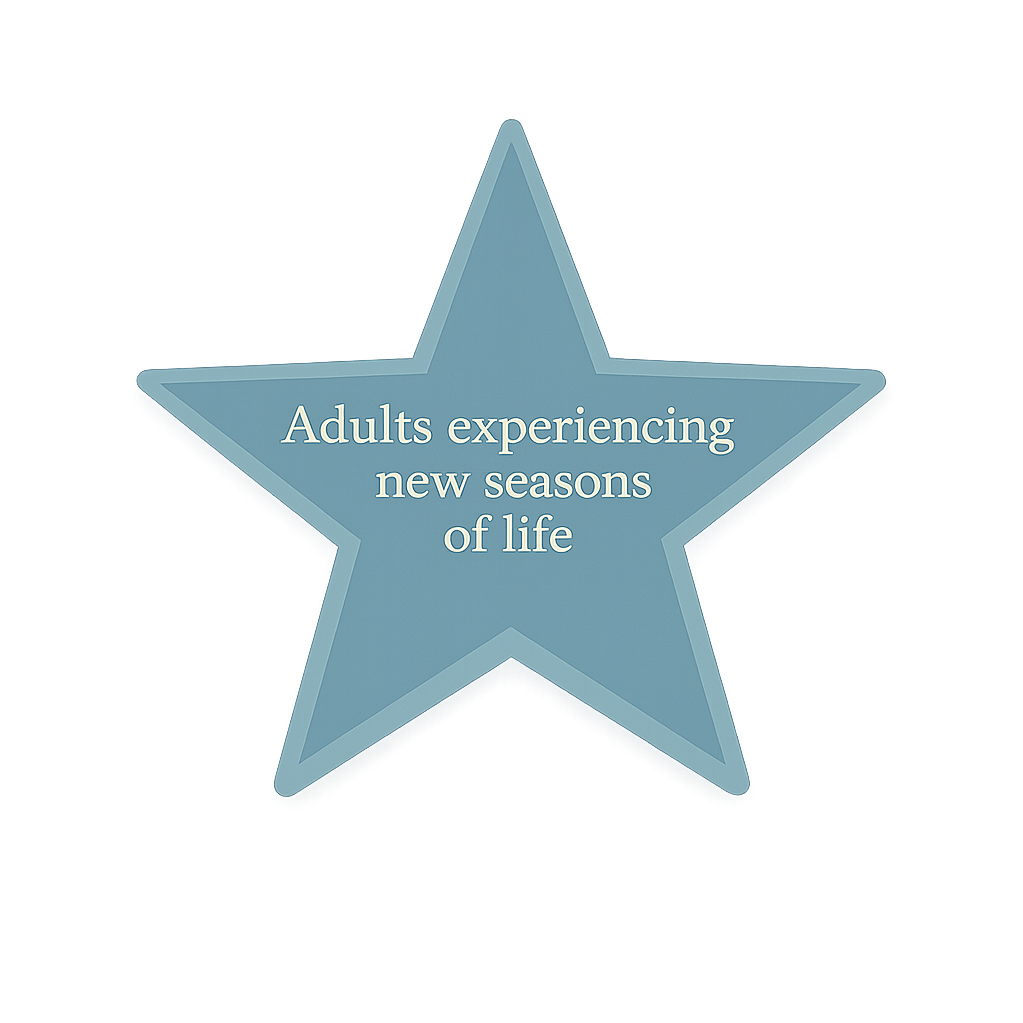 A blue star-shaped graphic with the text 'Adults experiencing new seasons of life' in white.
