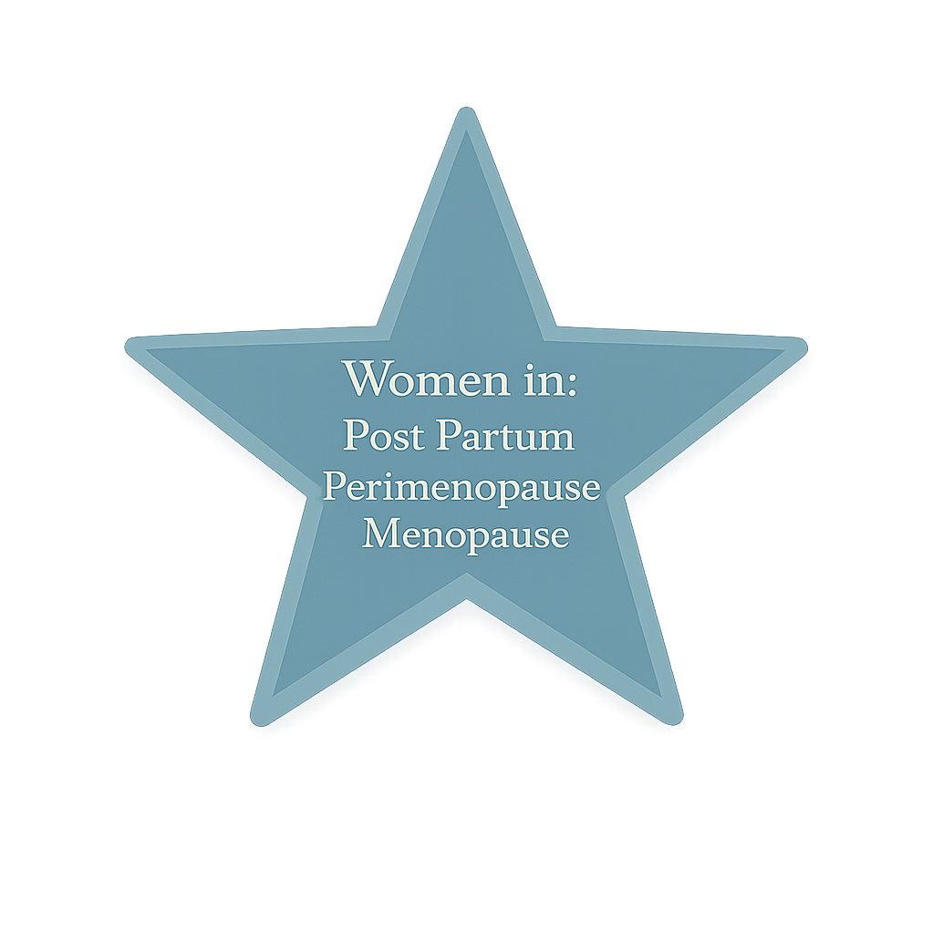 A blue star-shaped award or recognition trophy with the text 'Women in: Post Partum Perimenopause Menopause' written on it.