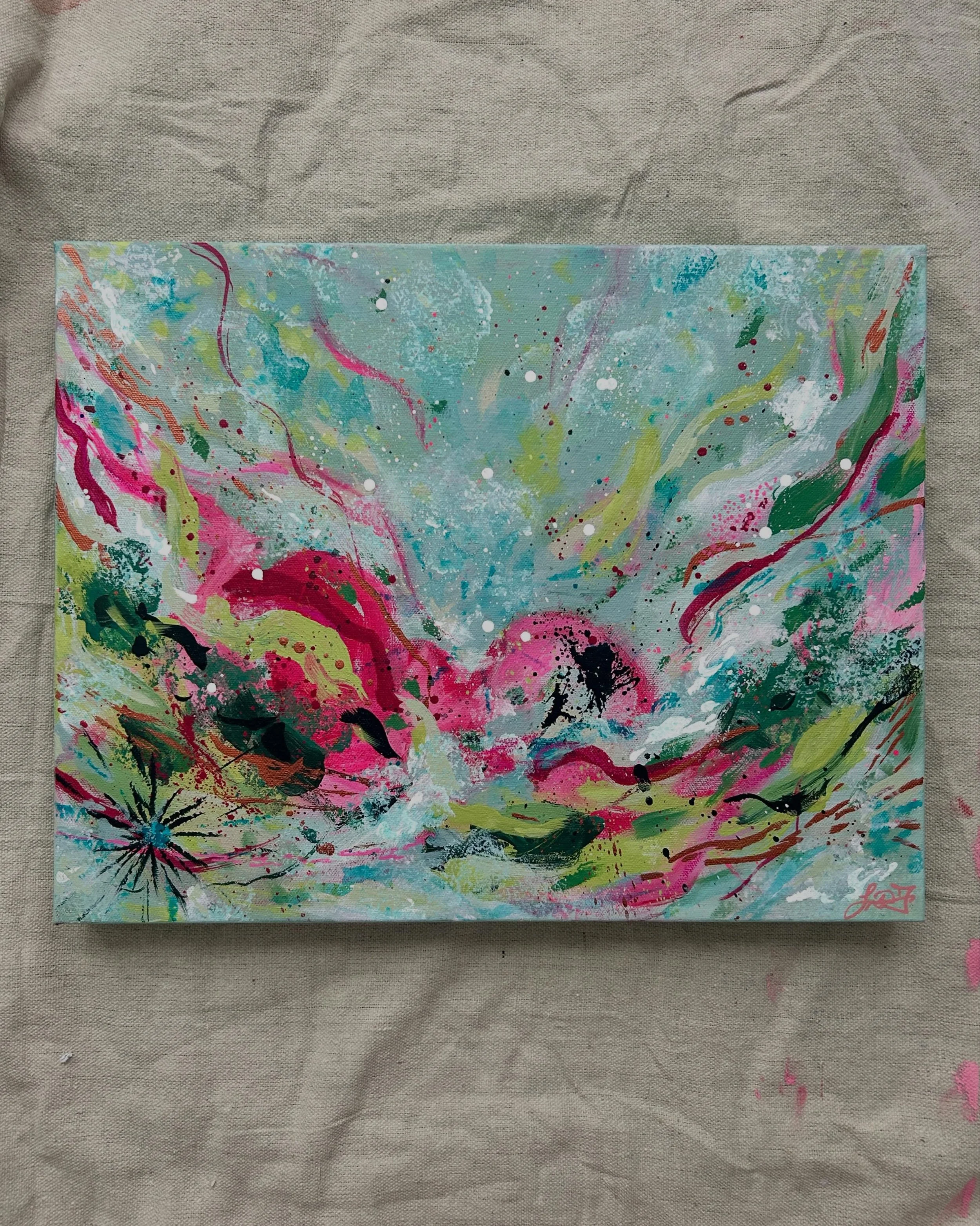 ~Strawberry Matcha~
14&rdquo;x18&rdquo;
Acrylic and Pastels on Canvas
$250

Available Now!
💚🩷

~Rhubarb &amp; Lemongrass~
10x10
Acrylic and Pastels on Canvas
$150

Comment below or DM me if you&rsquo;re interested!
💚🩷

~Snacks by the Pool~
10x10
