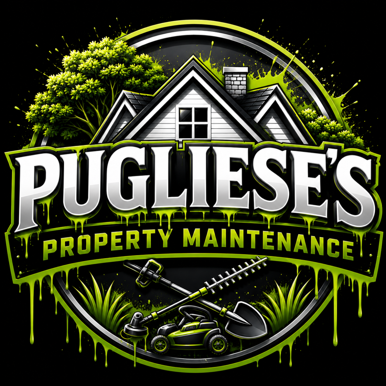 Logo for Pugliese's Property Maintenance featuring a house, trees, gardening tools, and a lawn mower with a black and green color scheme.