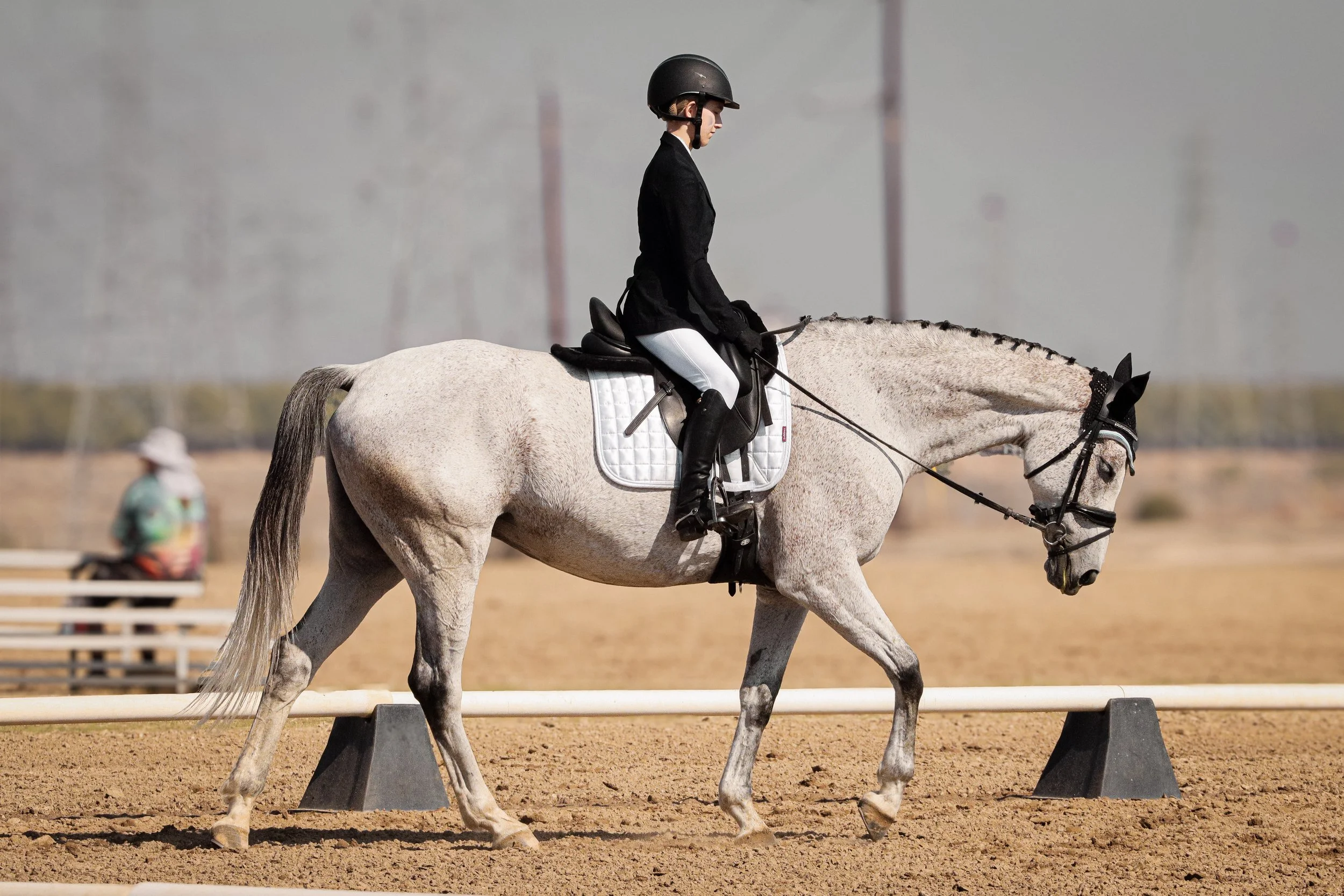 A female equestrian dressed in black riding clothes and a helmet rides a white horse during a dressage event, with an outdoor arena and other participants visible in the background.
