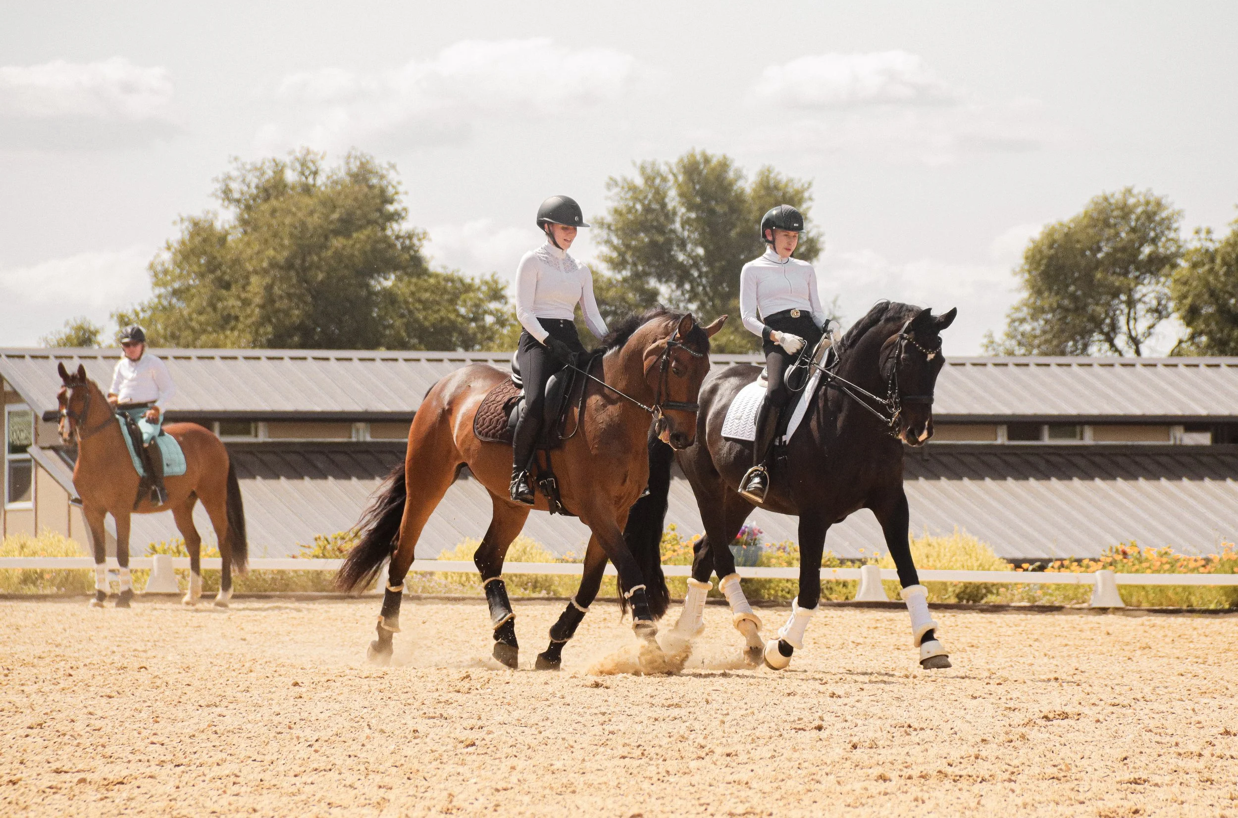 Three women riding horses in an outdoor equestrian arena, with trees and a building in the background, under a partly cloudy sky.