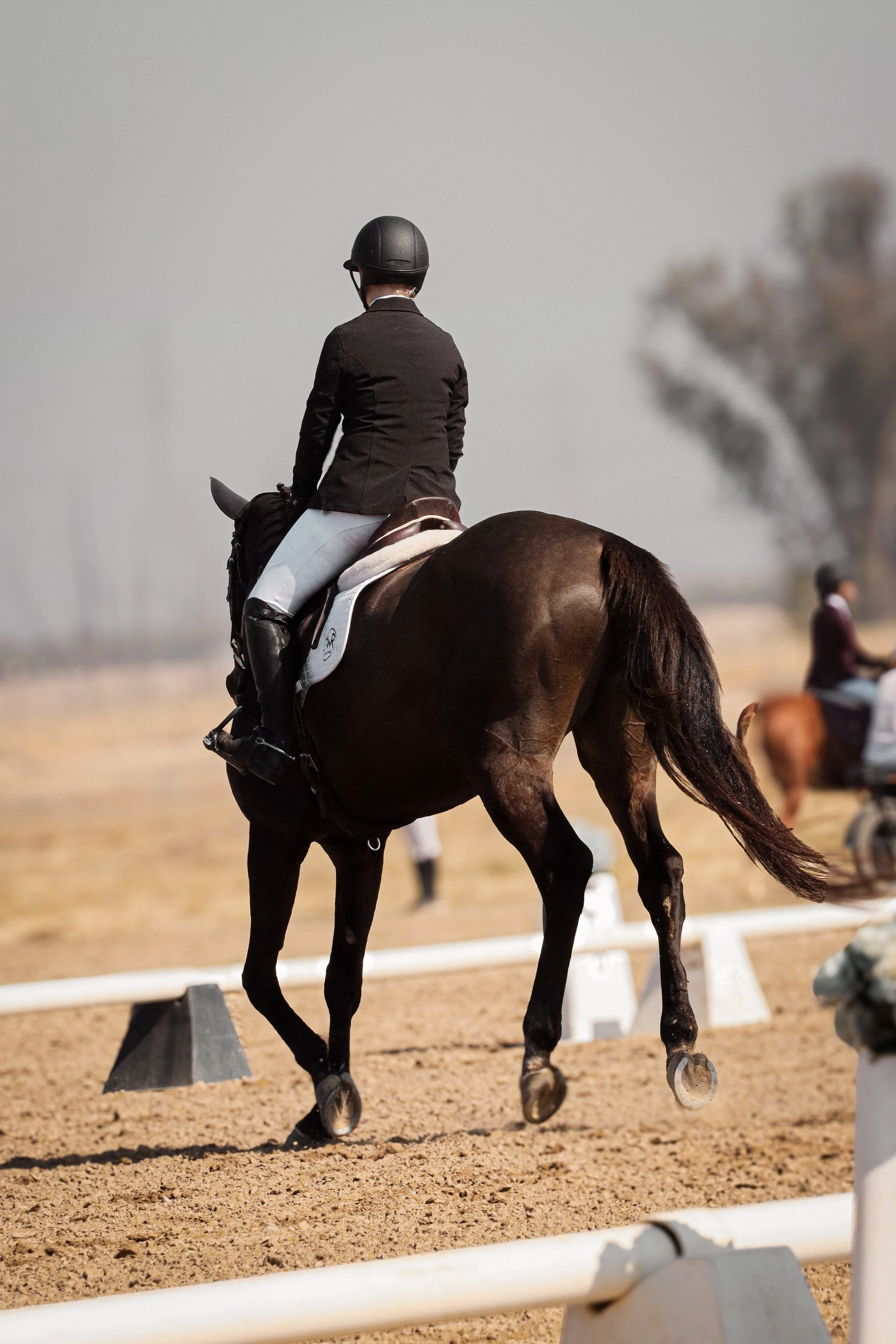 A person riding a horse in an indoor equestrian arena, wearing a black helmet and formal riding attire, with other riders visible in the background.