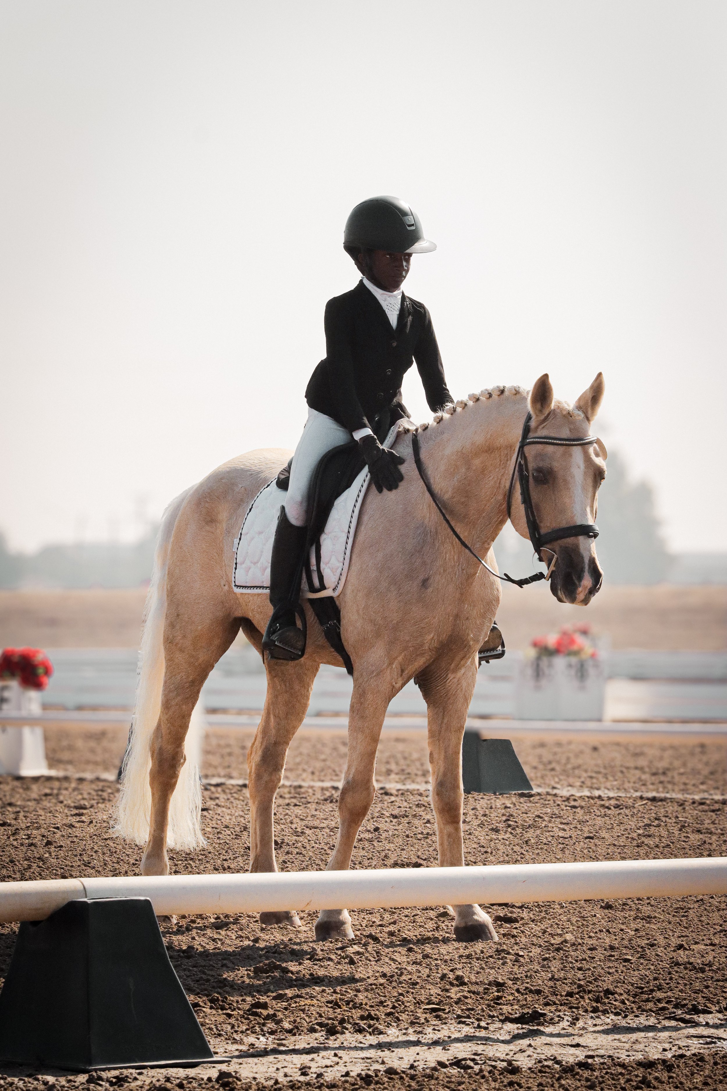 A person in riding attire, including a black helmet, black jacket, white shirt, and gloves, riding a light-colored horse in an outdoor equestrian arena with a sandy surface, white fencing, and flower pots in the background.