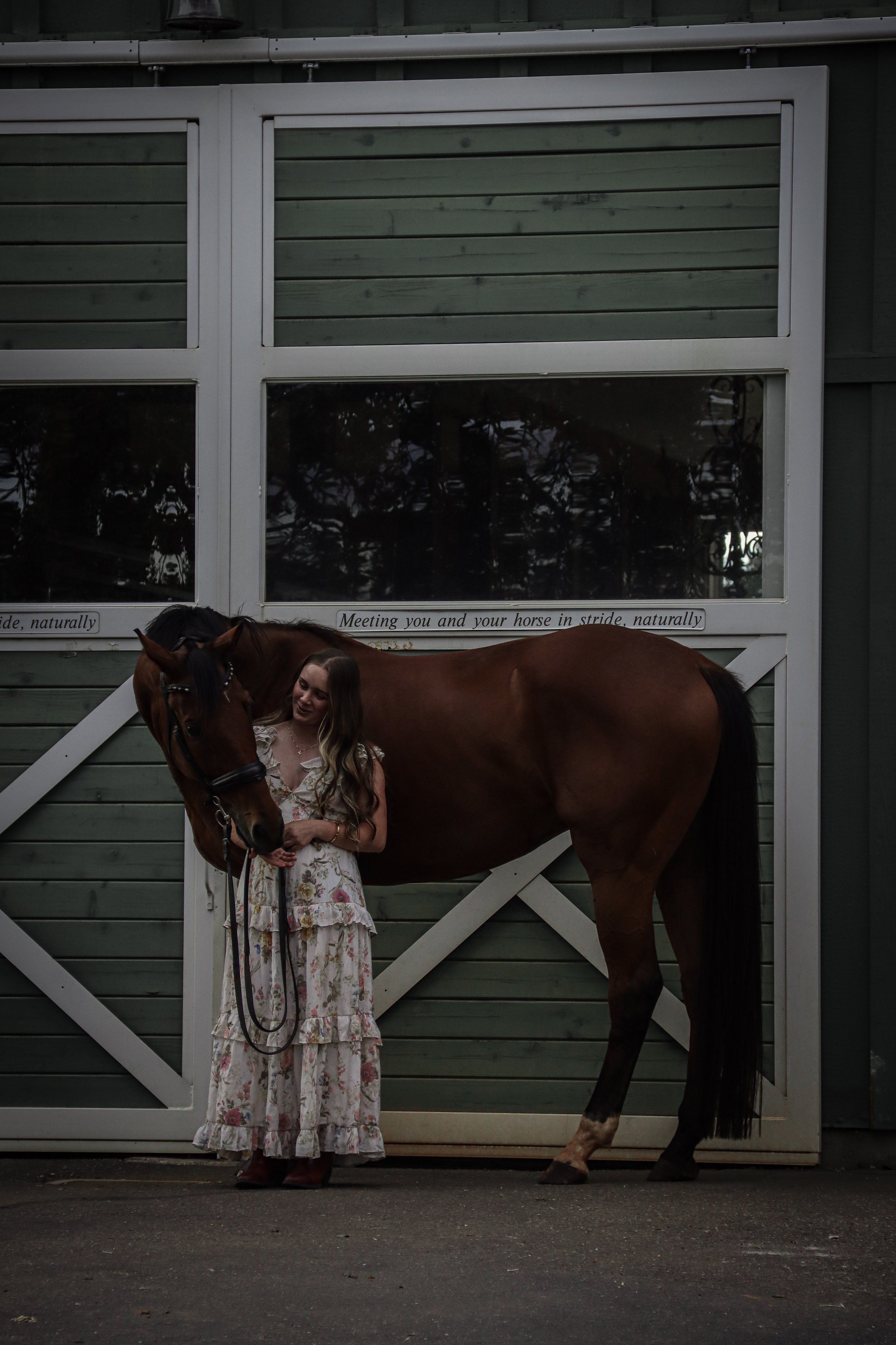 A young woman in a floral dress stands beside a brown horse in front of a green horse stable with white framing. She holds the horse's bridle, and the horse is looking down. There is a small sign on the stable door with the text "Meeting you and your