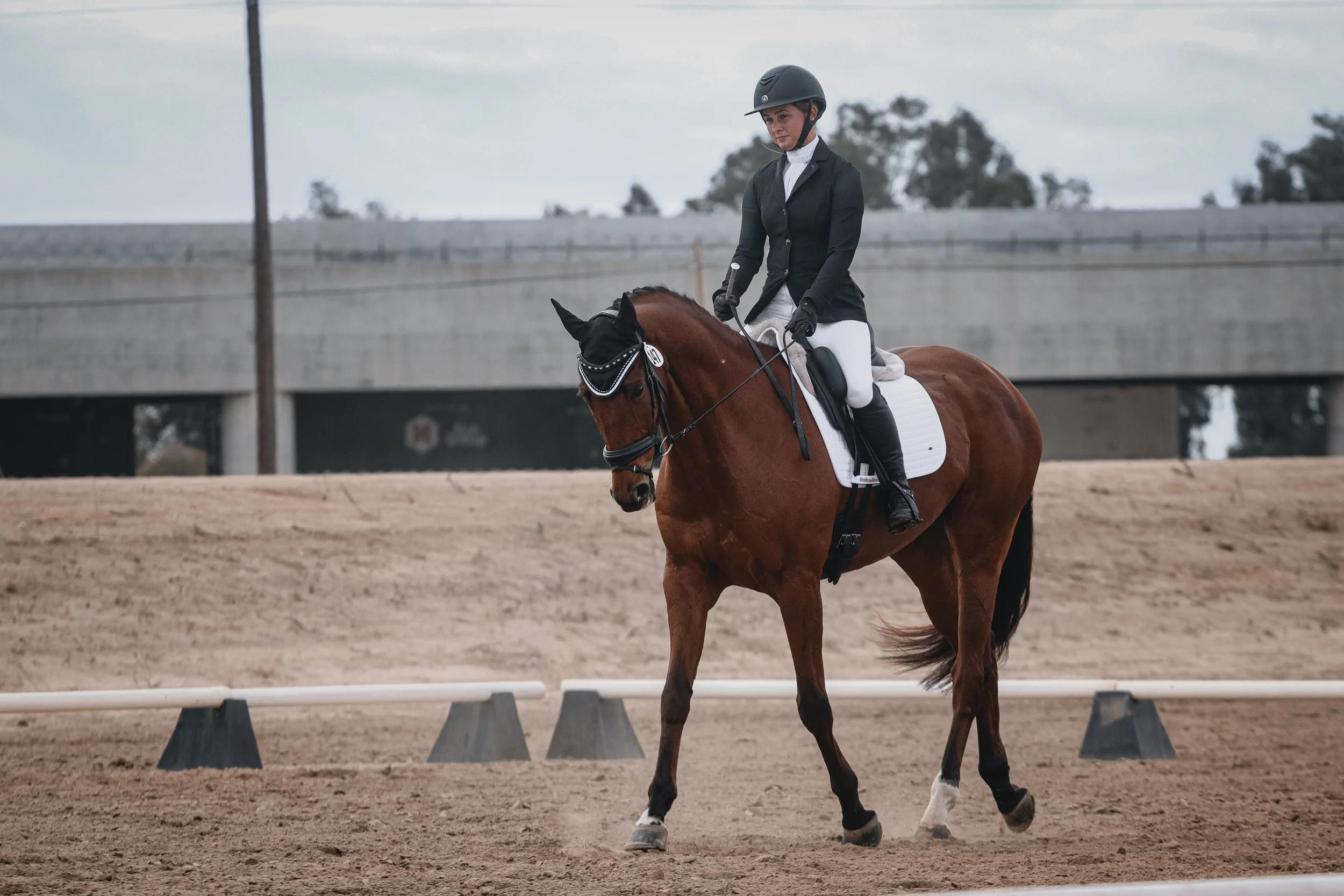 A woman dressed in riding attire, including a black riding helmet, jacket, and white breeches, is riding a chestnut horse with a black mane and white markings on its face and legs at an outdoor riding arena. The arena has a sandy surface, and there i