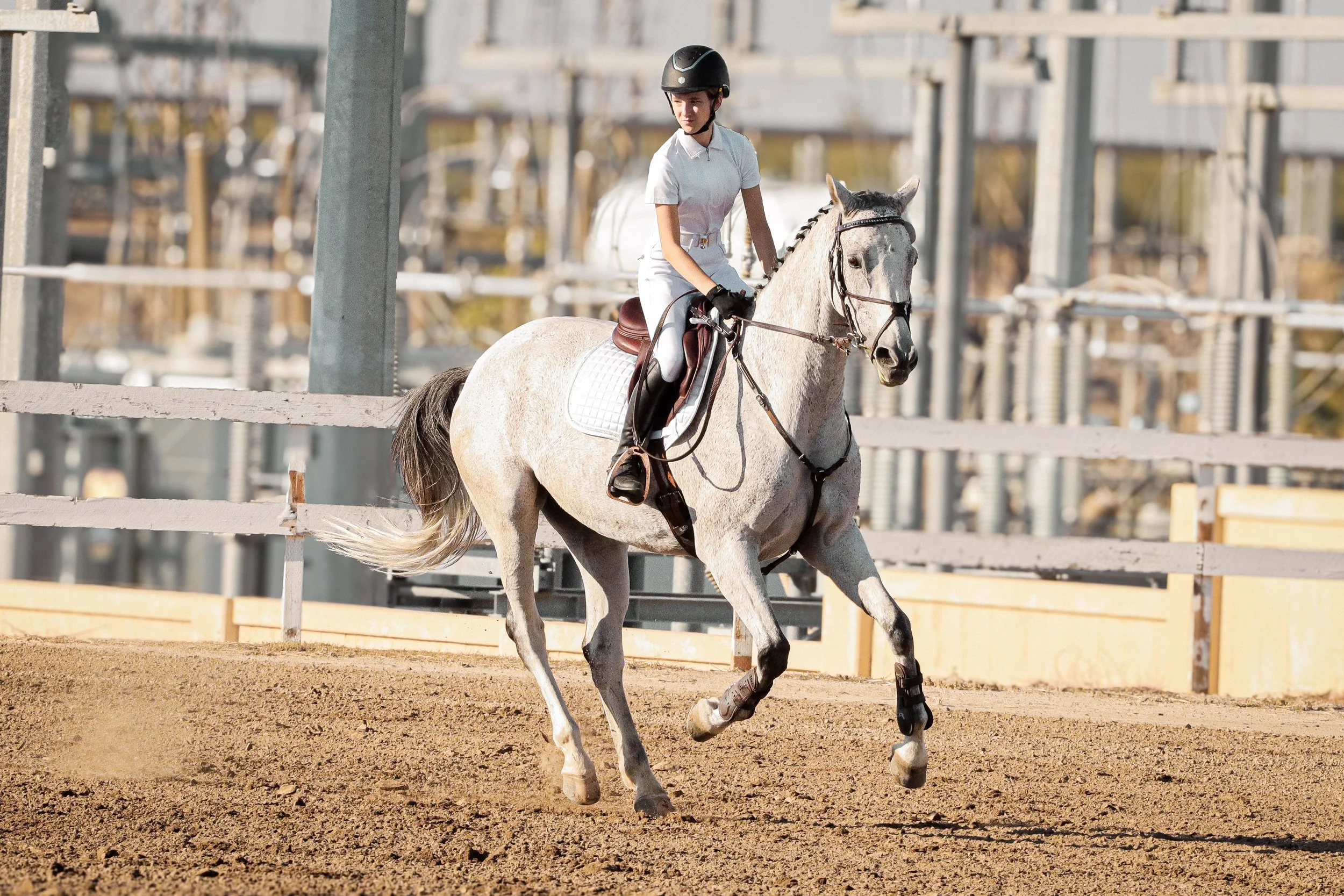 A woman riding a gray horse during a horseback riding practice or competition. She is wearing a helmet, white shirt, white riding pants, and black gloves, with a riding crop in her hand. The setting appears to be an outdoor riding arena with fences a
