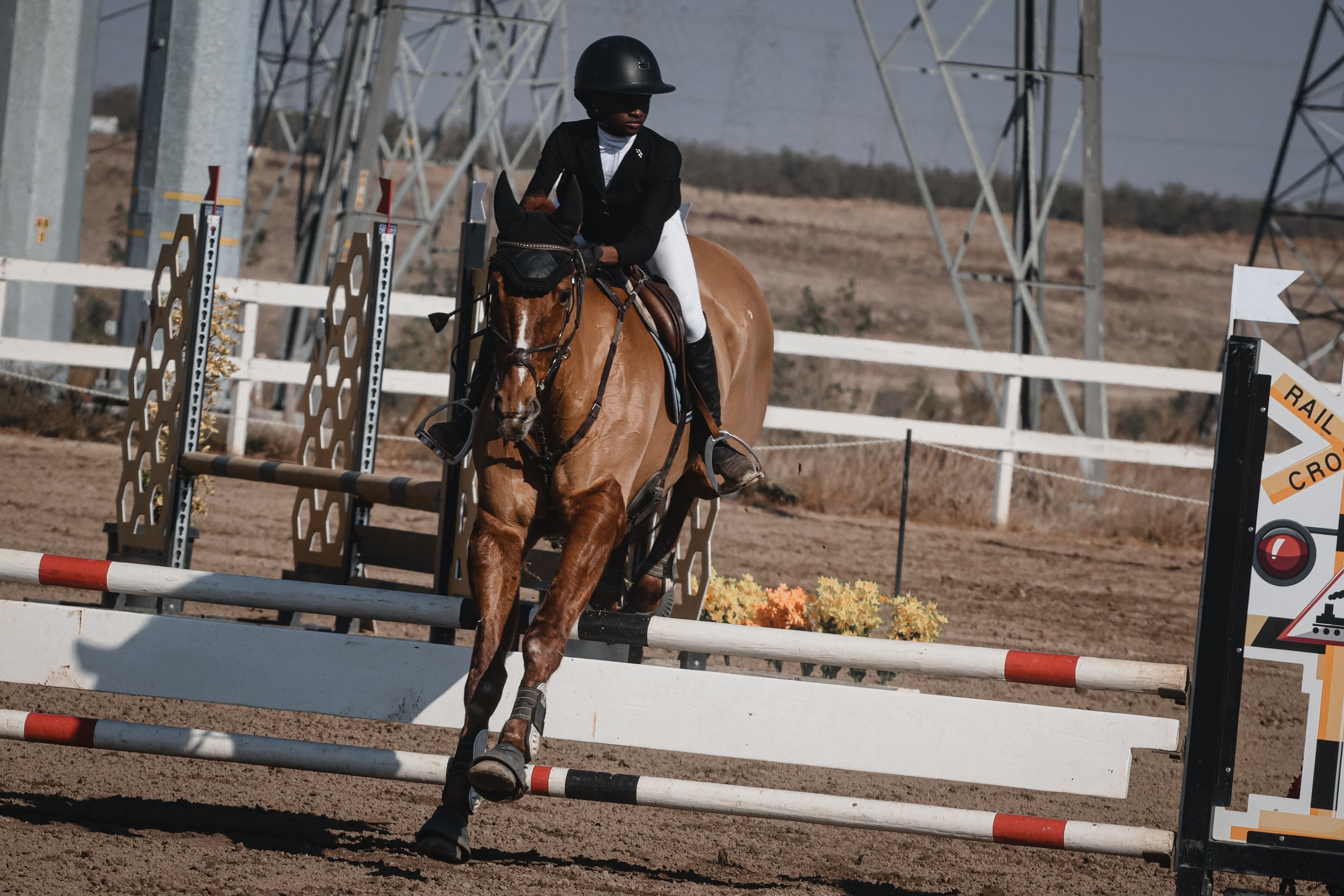 A rider in a black helmet and jacket guiding a brown horse over a show jumping obstacle at an equestrian competition.