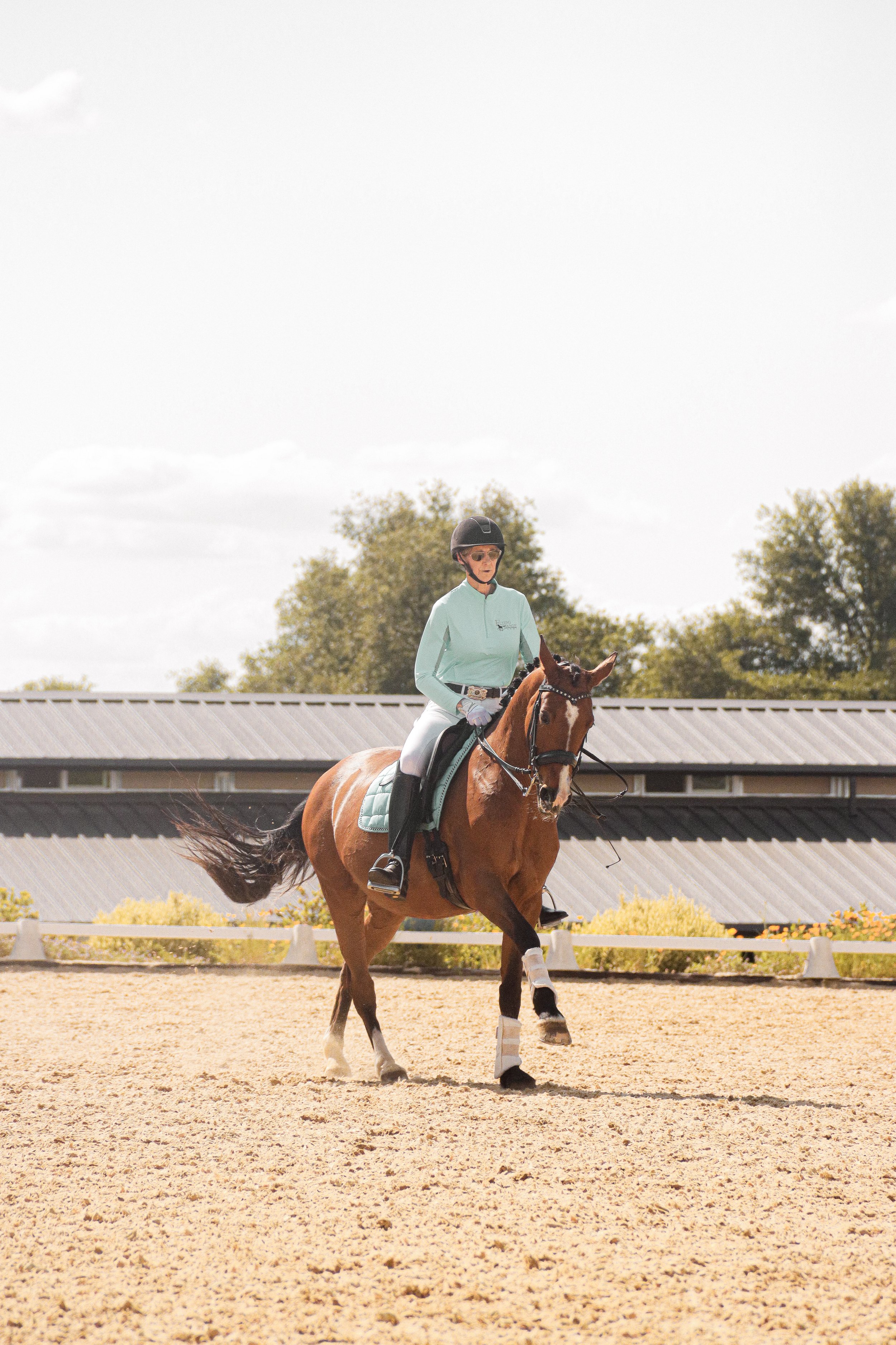 A person wearing a helmet and riding gear riding a brown horse in an outdoor riding arena with trees and a building in the background.