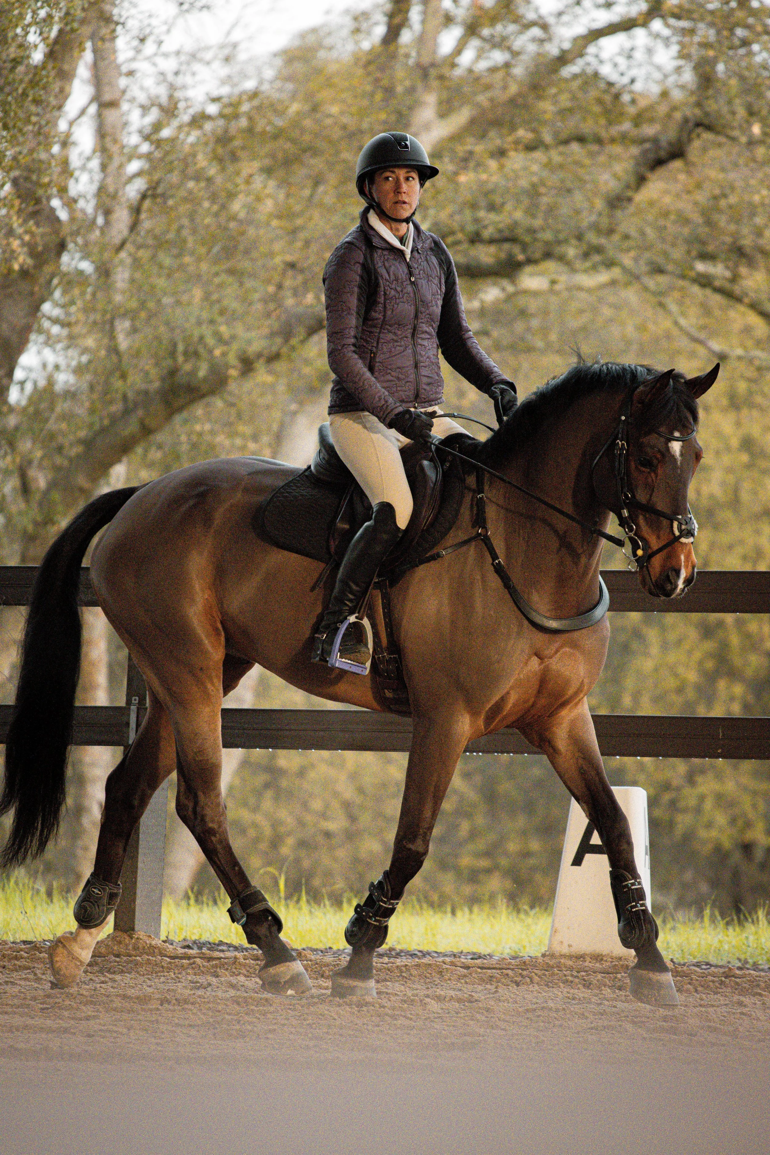 A woman wearing a helmet riding a brown horse during daytime.