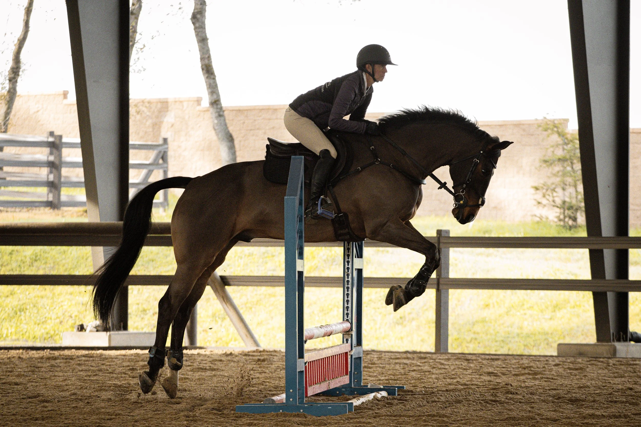A person riding a horse over a jump during an equestrian competition in an indoor arena.