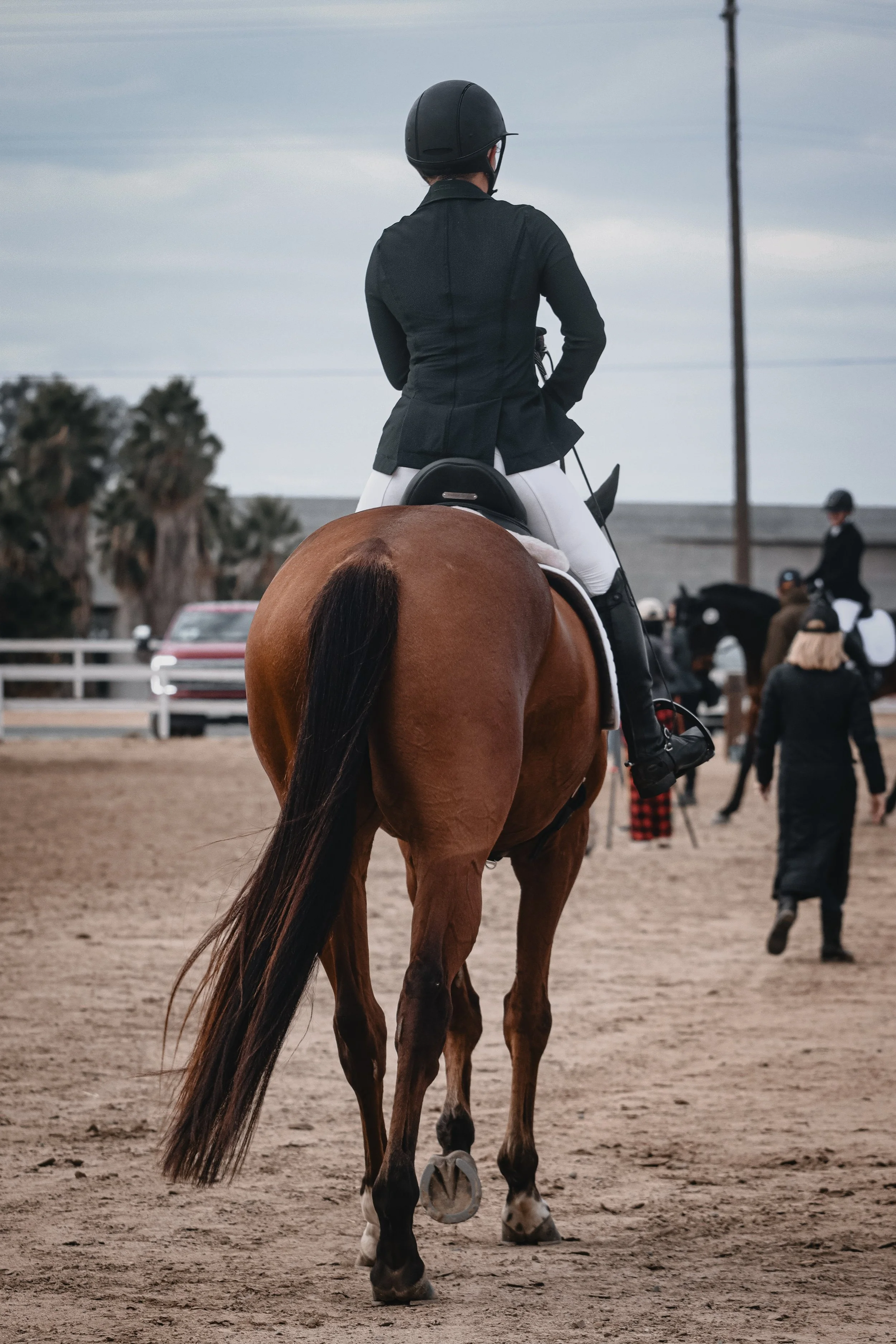 A rider dressed in English riding apparel, including a black helmet, black jacket, and white riding pants, riding a brown horse on a dirt arena. The background shows another rider on horseback and people standing around.