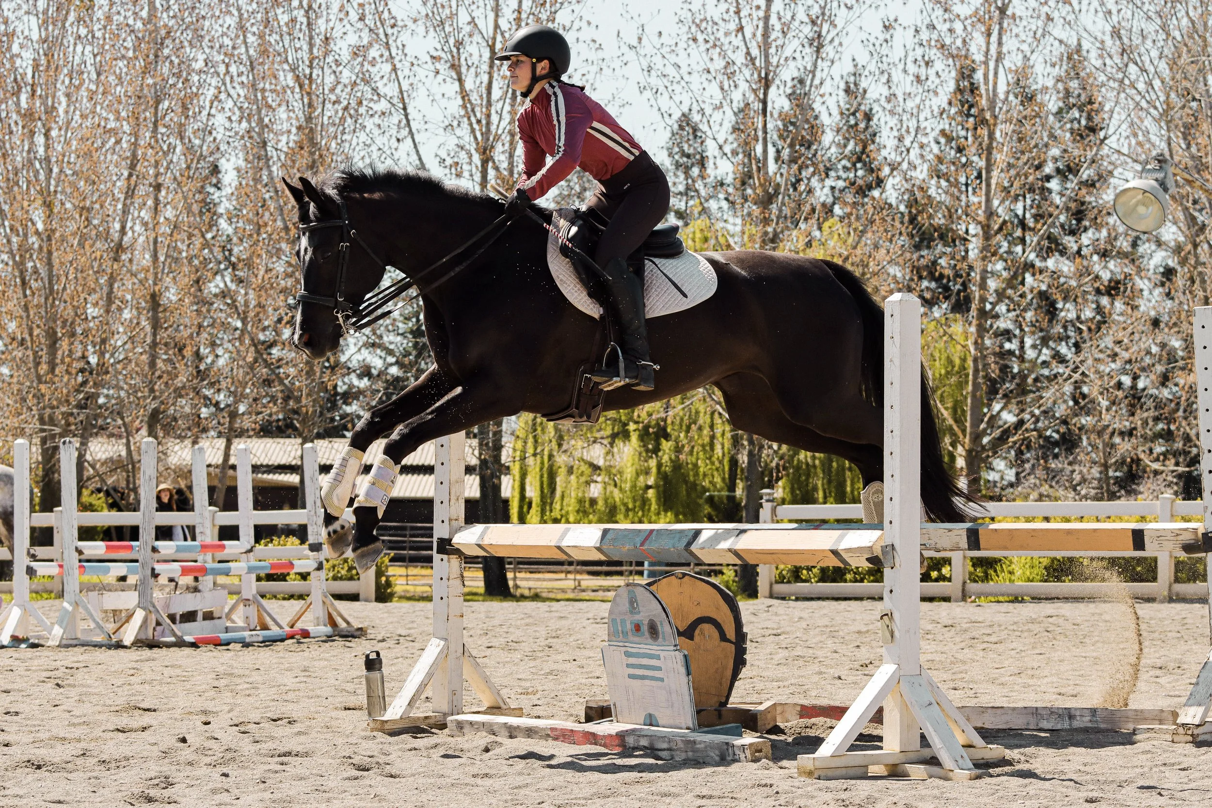 A female equestrian in a red jacket, black helmet, and riding gear jumps a black horse over an obstacle in an outdoor riding arena, with trees and a person observing in the background.
