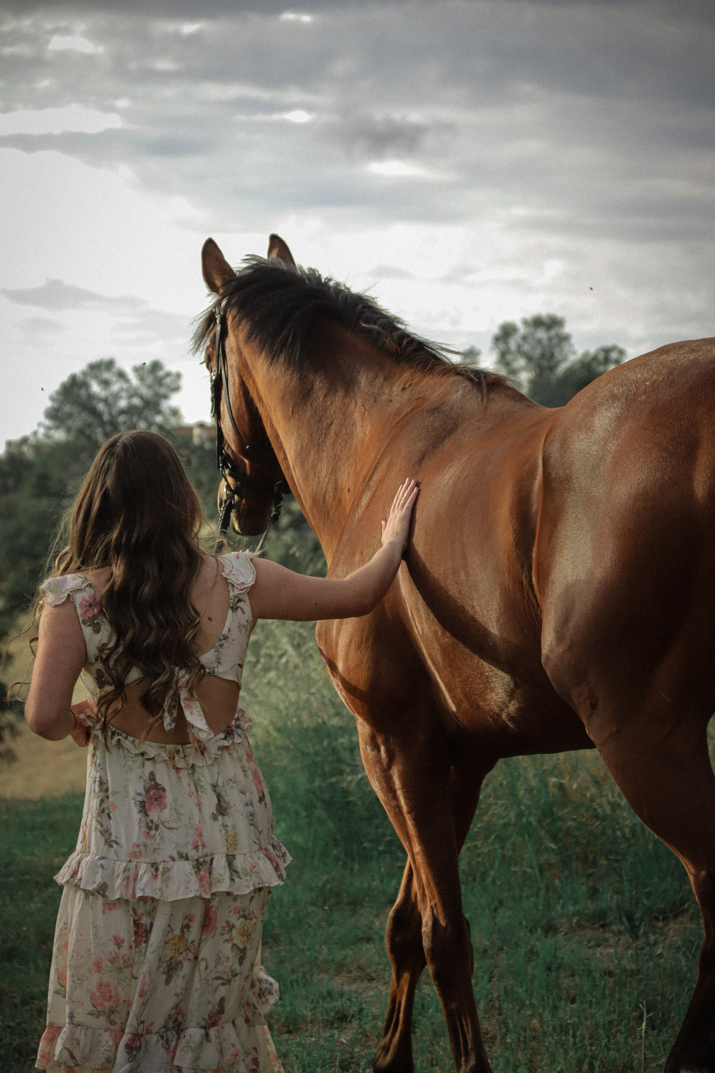 A young woman petting a brown horse outside on a cloudy day.