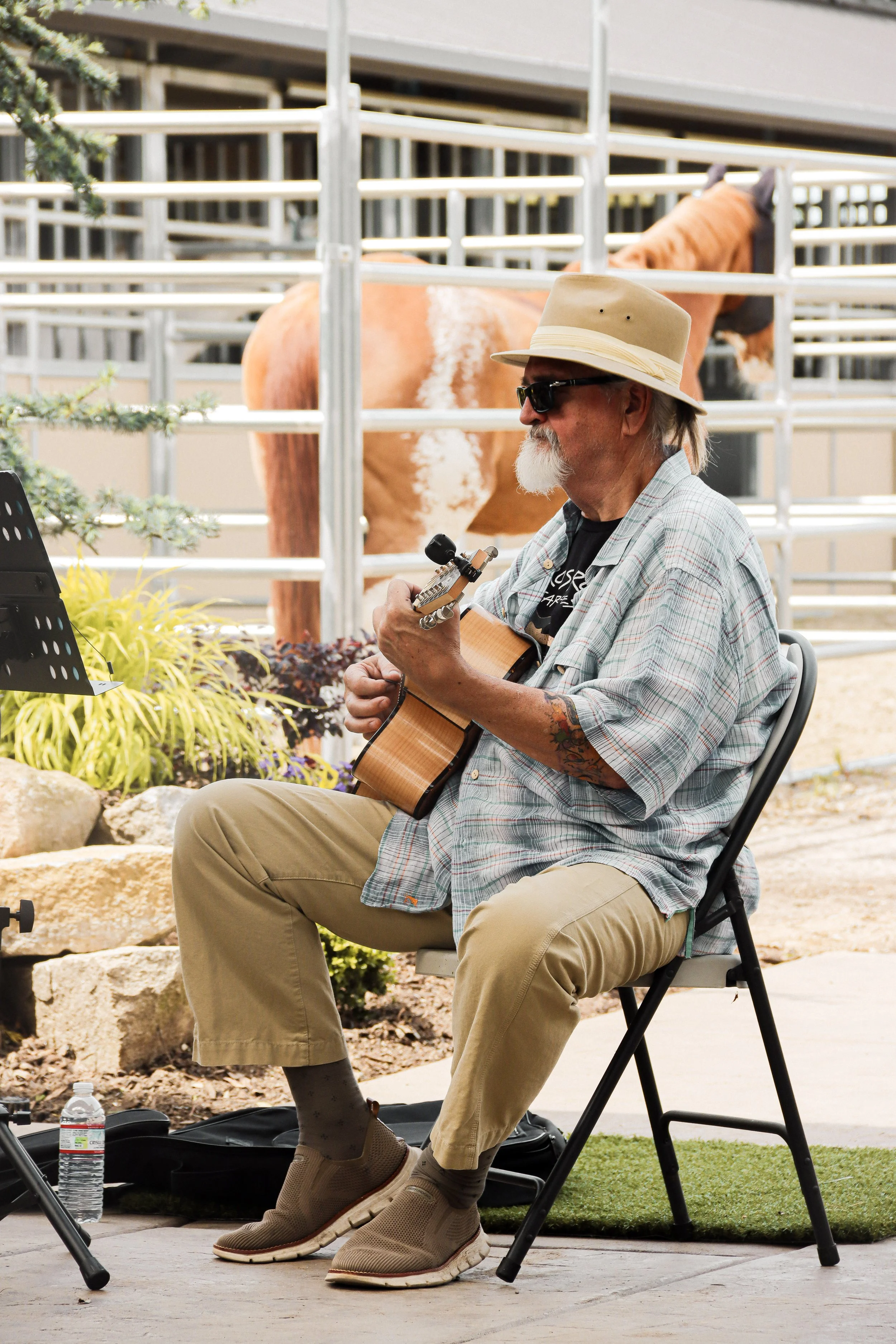 An older man with a long white beard sitting on a folding chair, playing acoustic guitar, wearing sunglasses, a wide-brimmed hat, a plaid shirt, beige pants, and tan shoes, with a brown horse in a pen in the background.