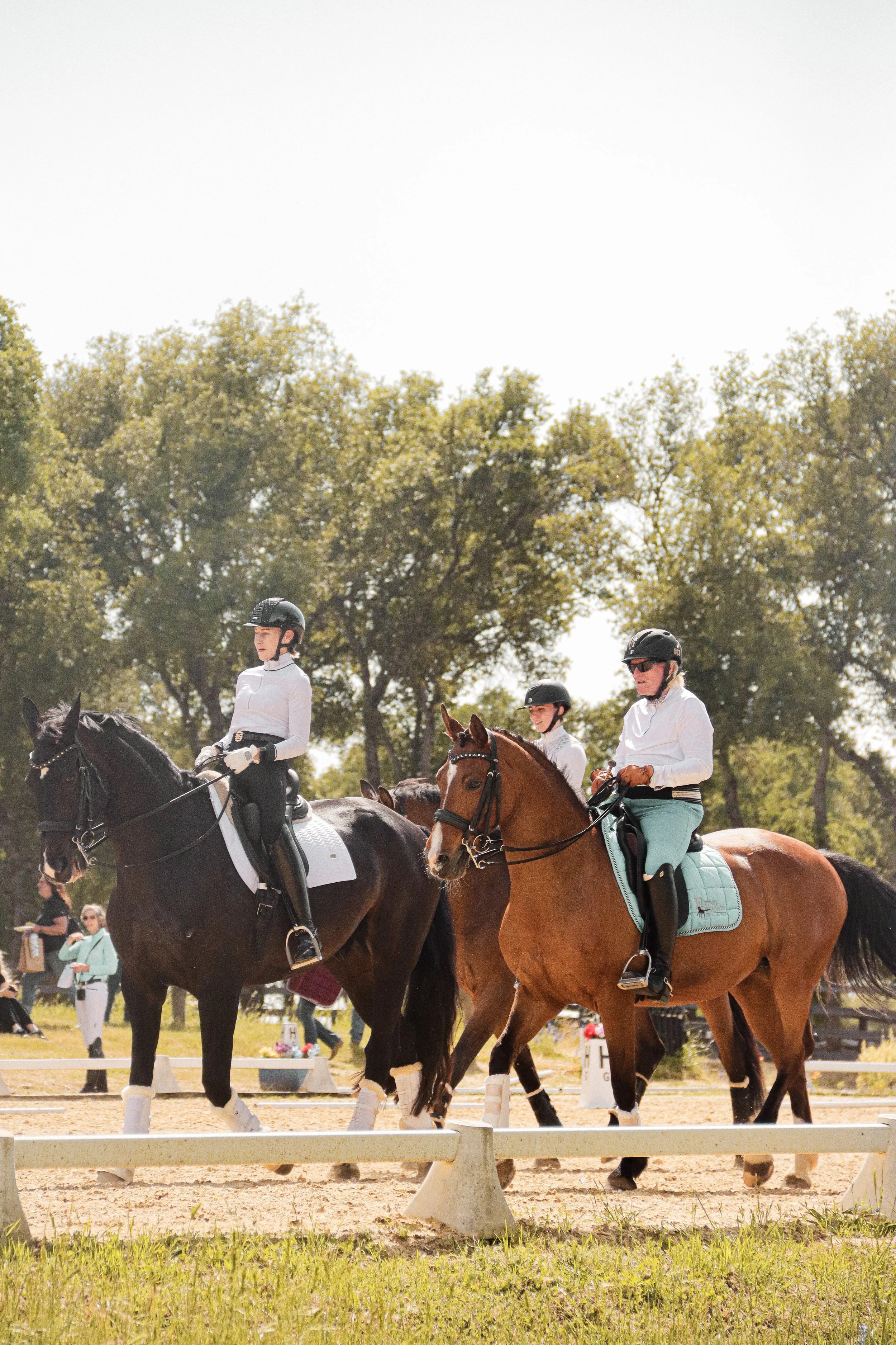 Three women riding horses in an outdoor riding arena with spectators in the background, trees, and a bright sky.