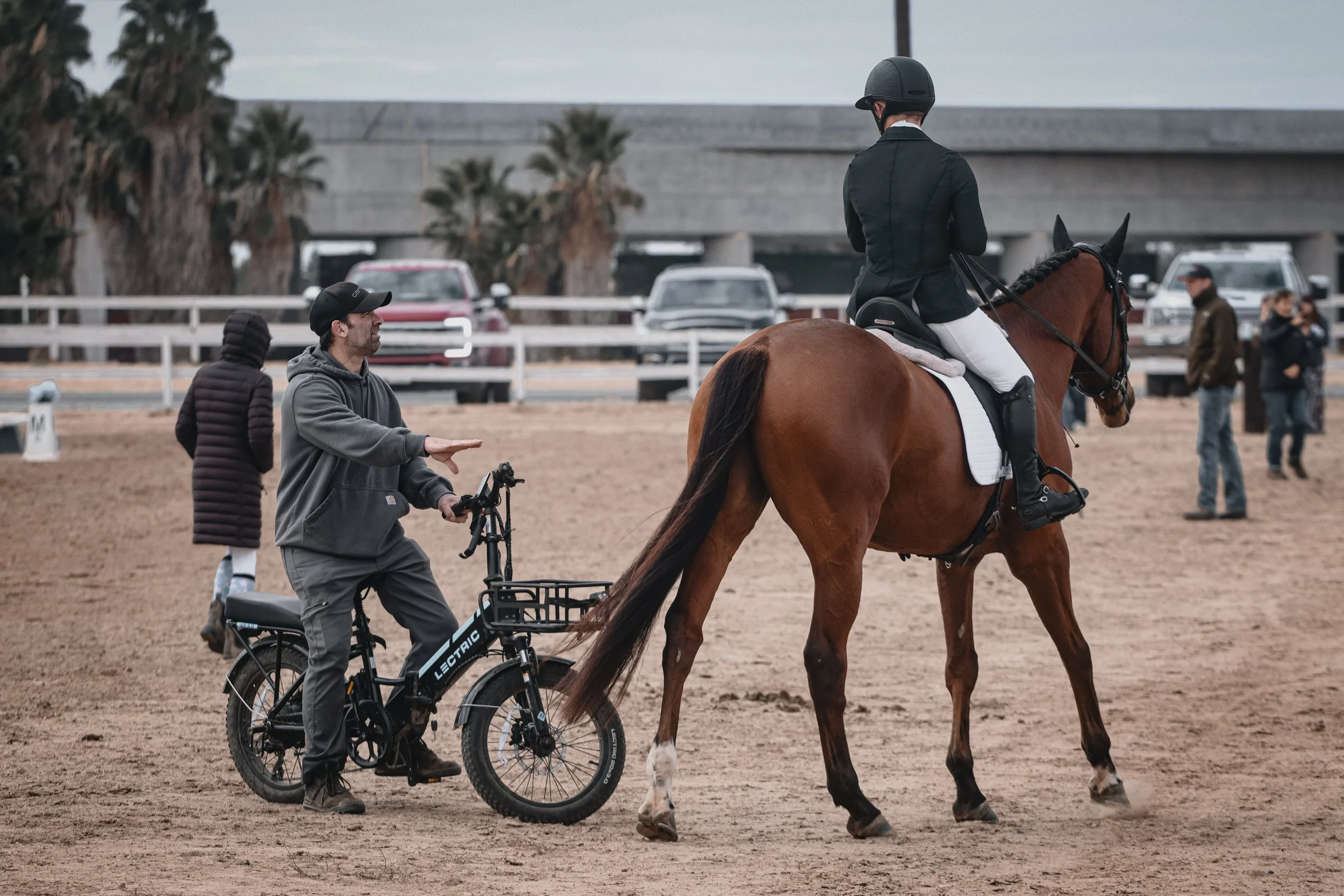 A person in a wheelchair and a person on horseback at an equestrian event. The rider is dressed in formal riding attire with a helmet, and the wheelchair user appears to be giving instructions. There are spectators and vehicles in the background.