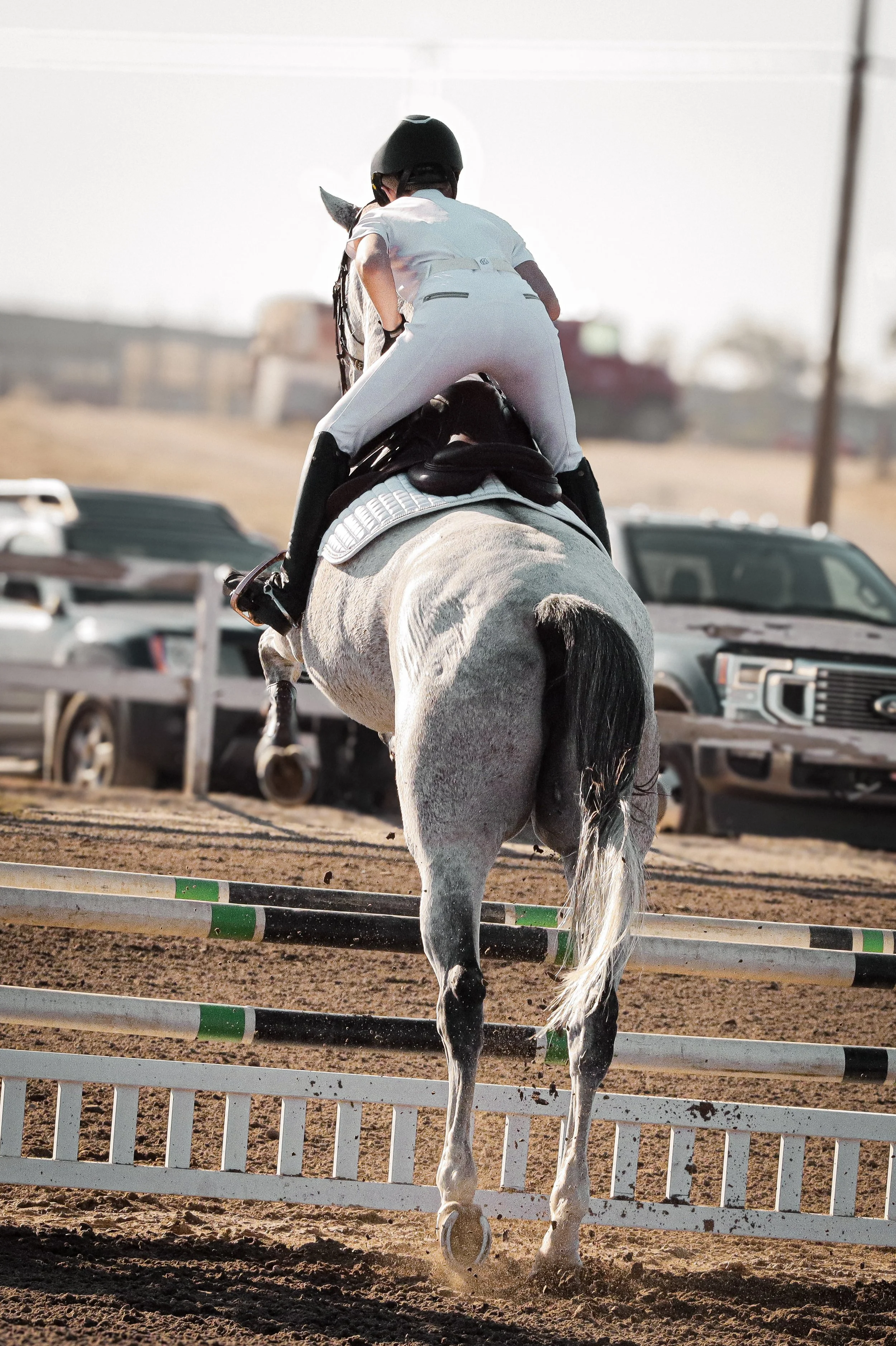 A person riding a white horse over small jumps in an outdoor equestrian arena during the daytime.