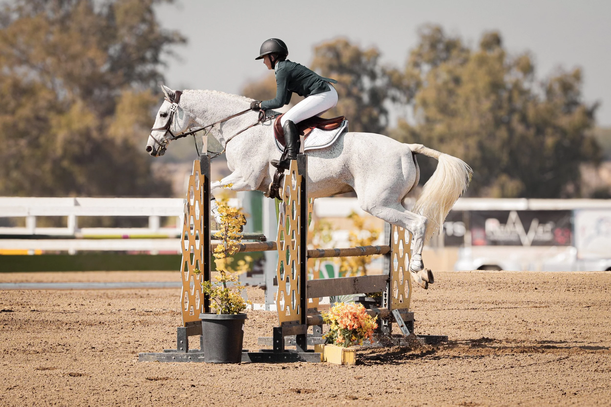 A woman riding a white horse over a show jumping obstacle at an equestrian event, with trees in the background.