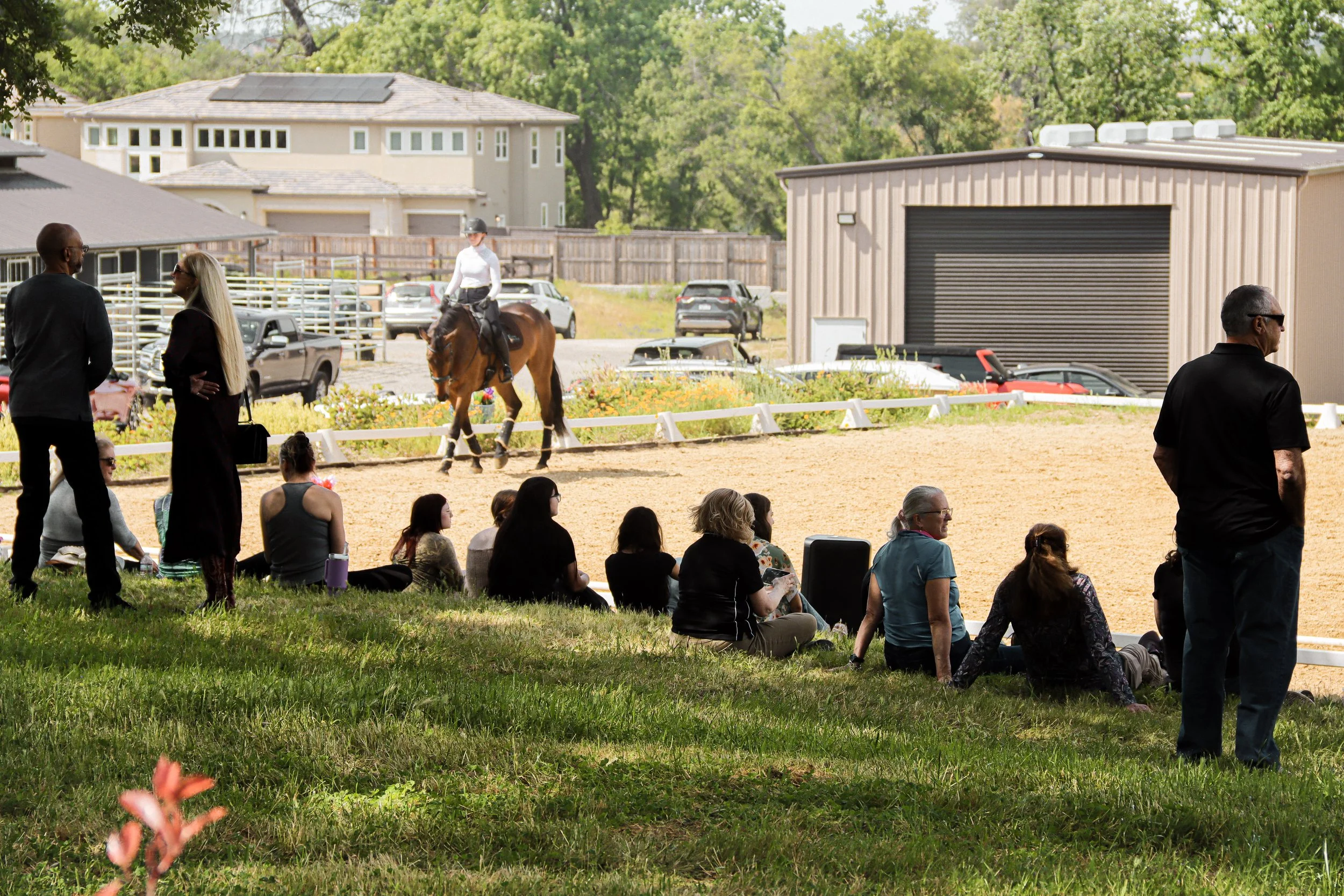 View of a fenced riding arena with a person riding a horse and a group of people sitting and standing outside, relaxing and observing. There are buildings and parked cars in the background, with lush green trees all around.