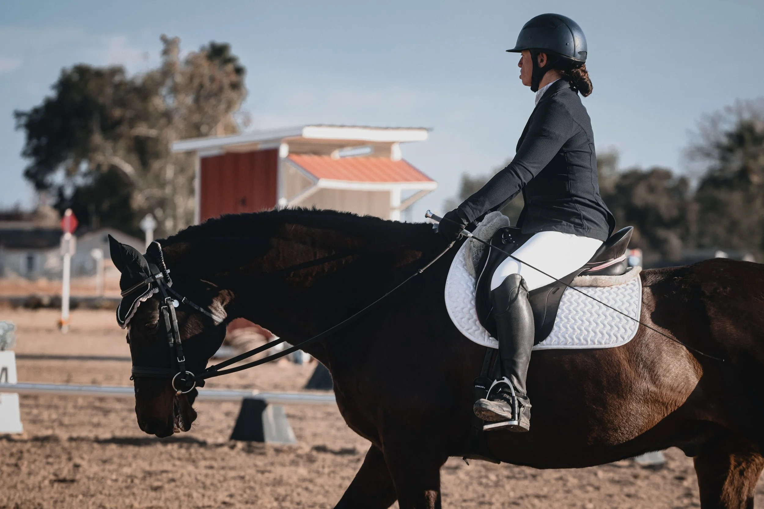 A woman wearing a helmet and equestrian riding attire riding a horse in an outdoor riding arena.