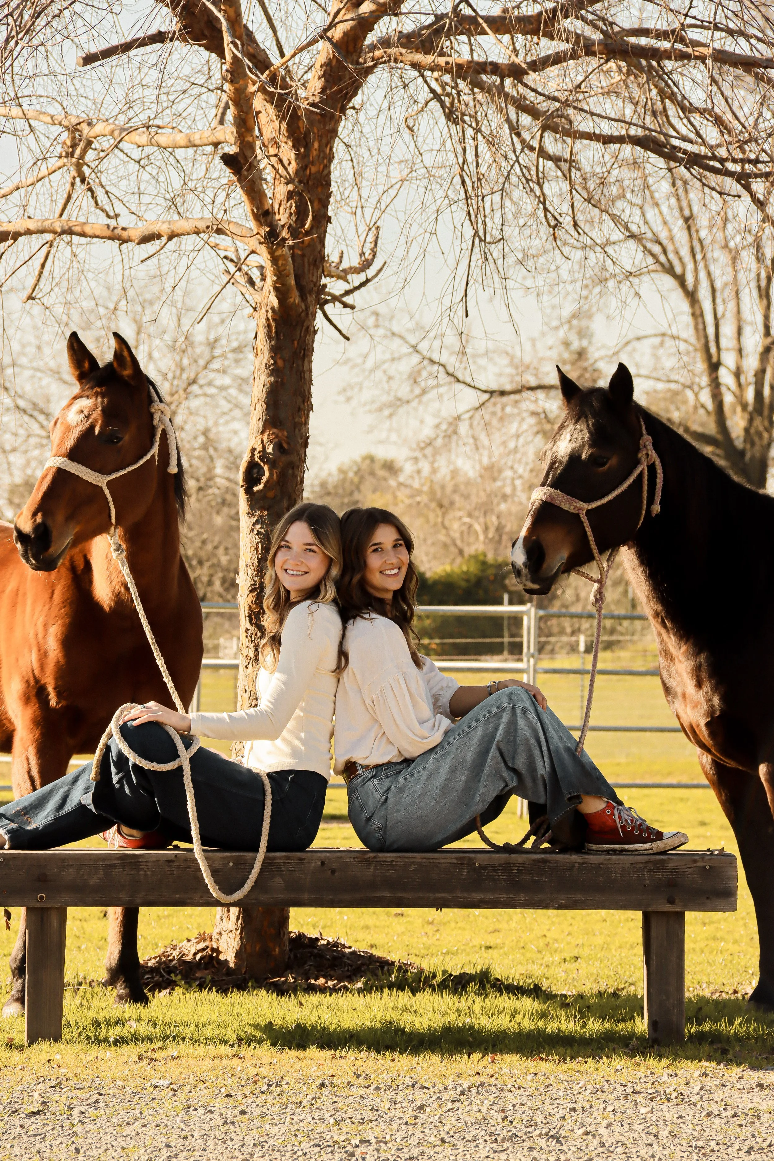 Two young women sitting on a wooden platform outdoors, holding leashes attached to two horses on either side. The women are smiling, wearing casual outfits, and are positioned near a tree with bare branches. The background shows a fenced field on a s
