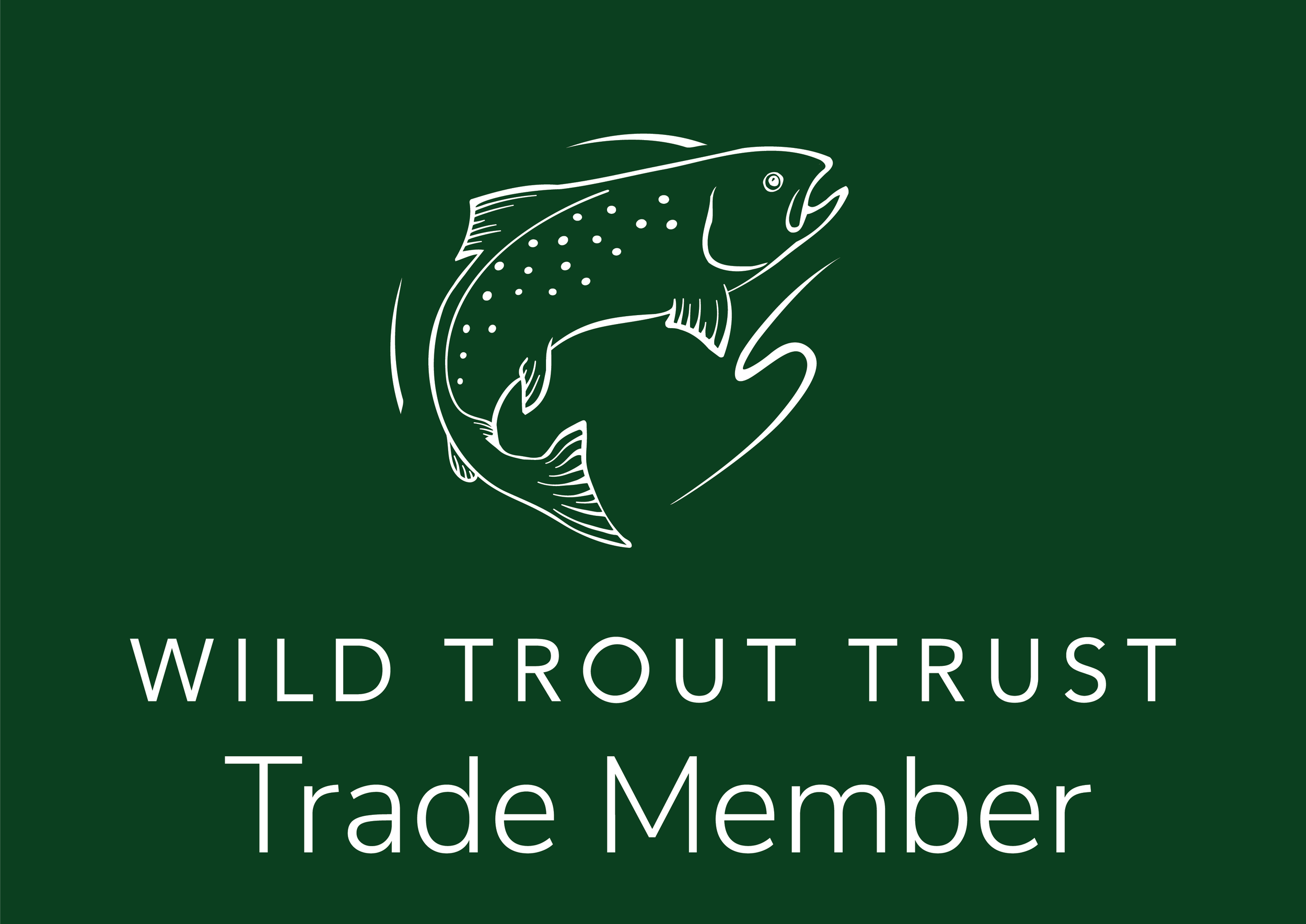 Wild Trout Trust Trade Member logo featuring a white leaping trout illustration on a dark green background