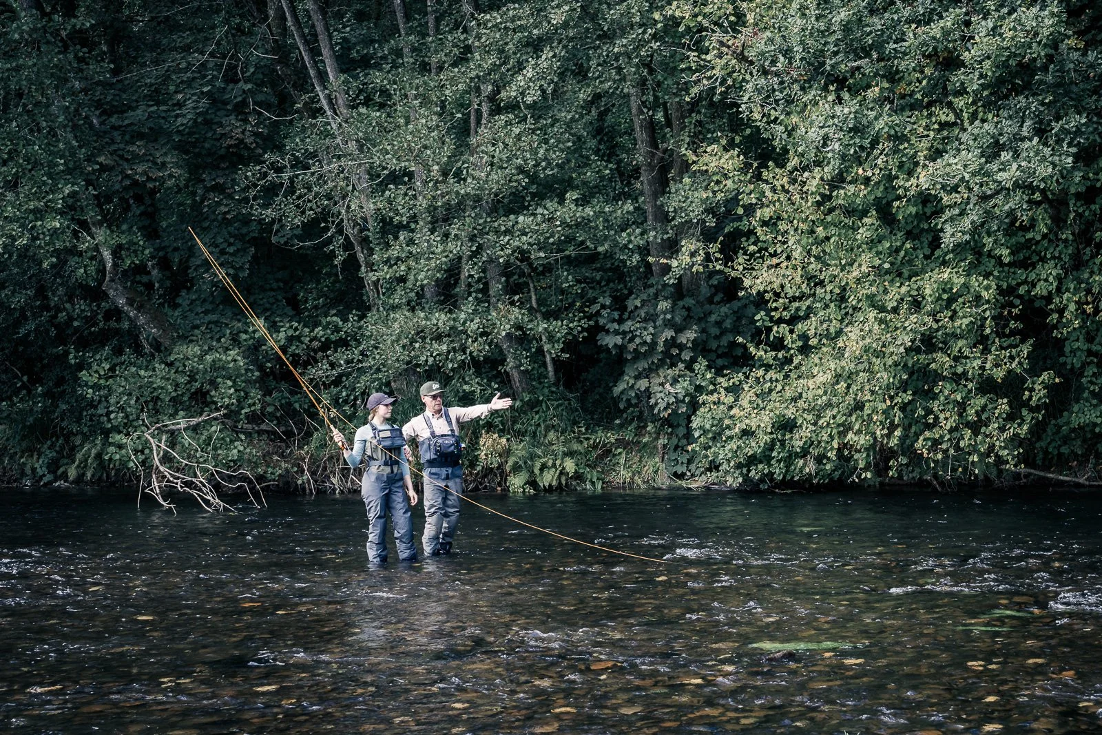Two fly-fishers standing in a shallow forest stream, surrounded by dense green trees.