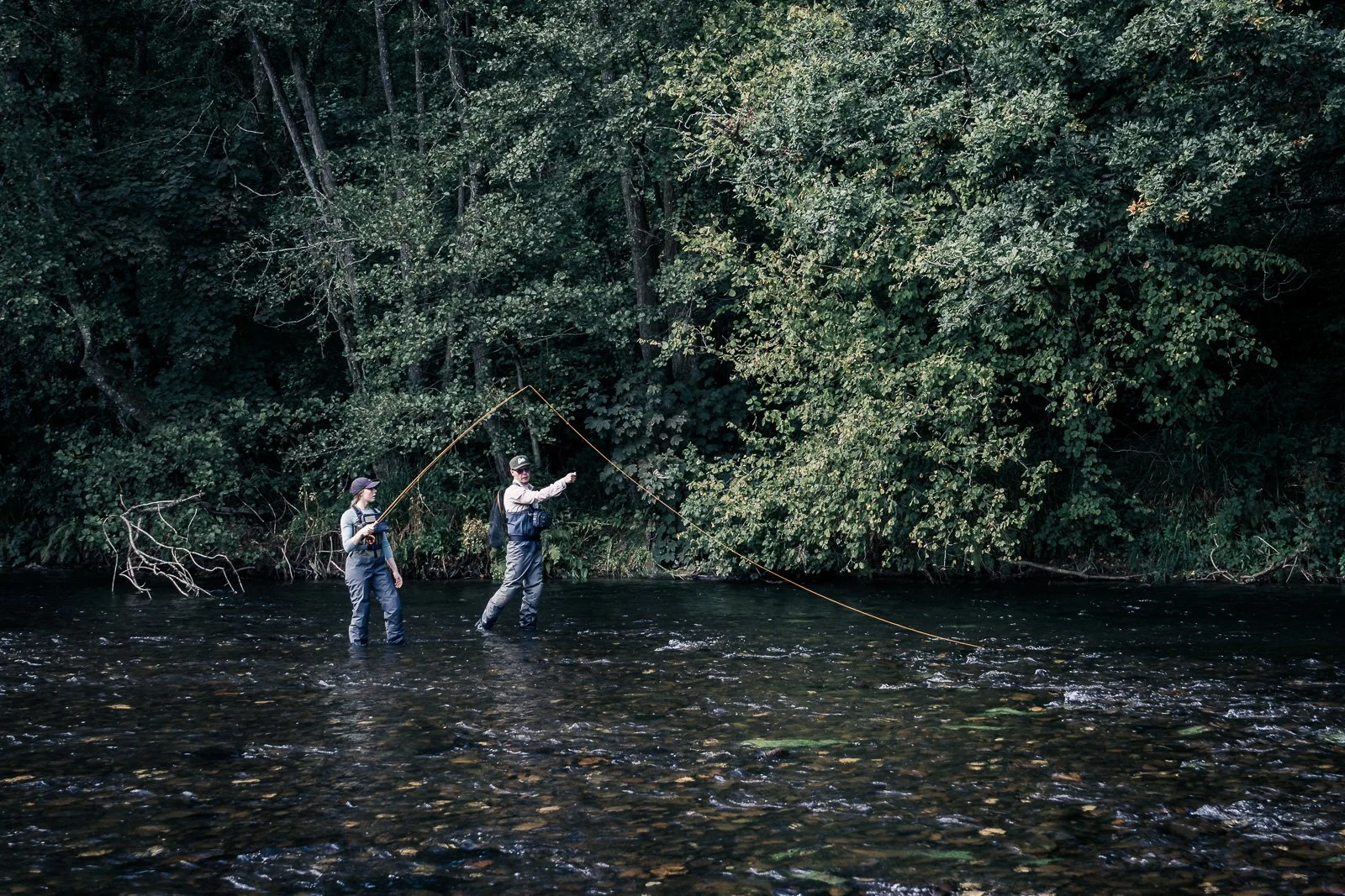 Two anglers fly-fishing in a shallow forest stream