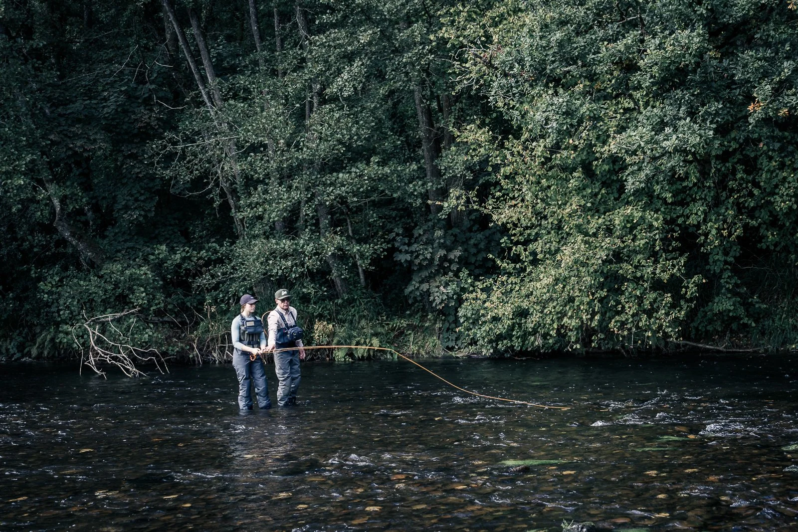 Two fly fishermen wading in a shallow forest stream