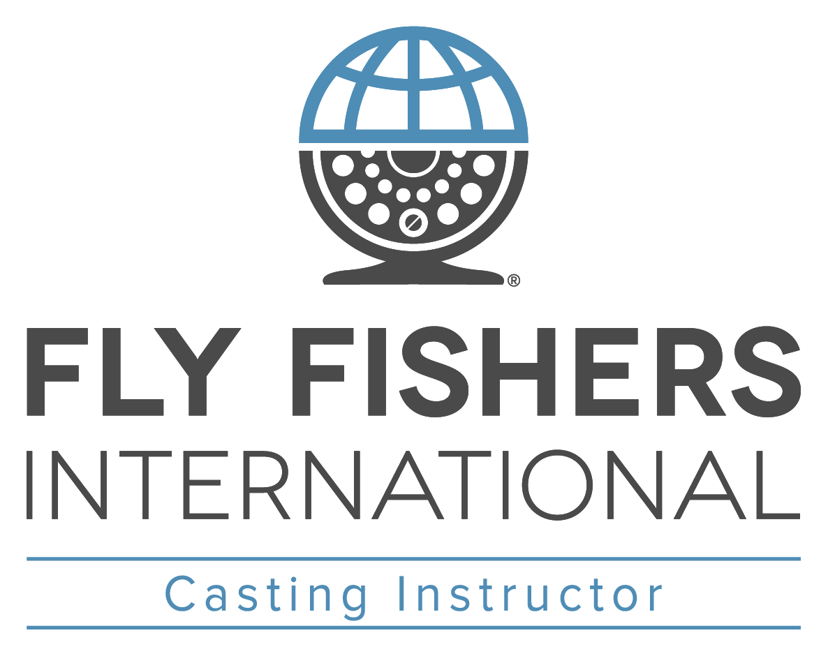 Fly Fishers International logo featuring a stylized globe with a fishing reel and the text 'Fly Fishers International Casting Instructor'.