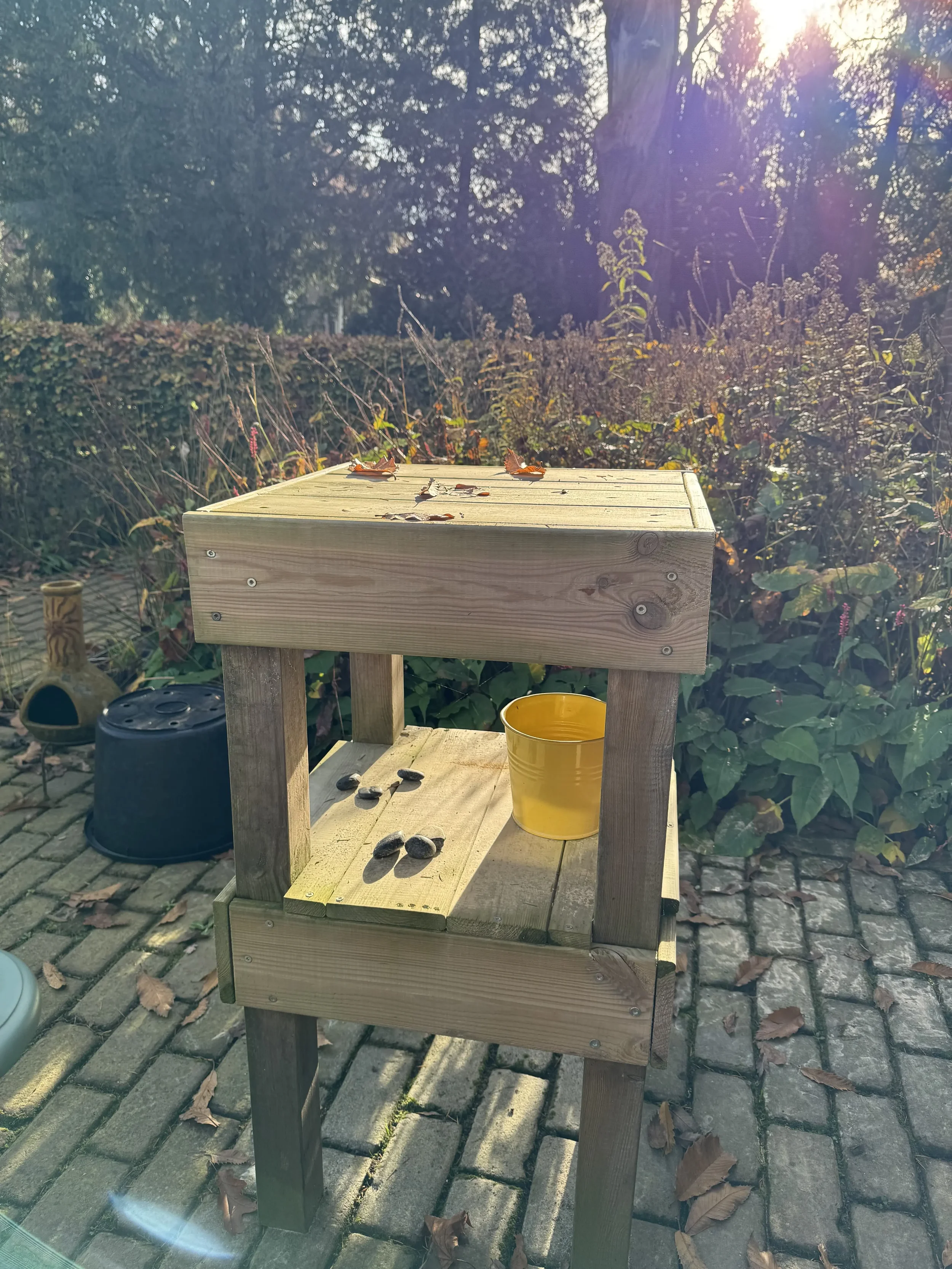 Beeldhouwbok die buiten staat in de zon met herfstblaadjes erop.