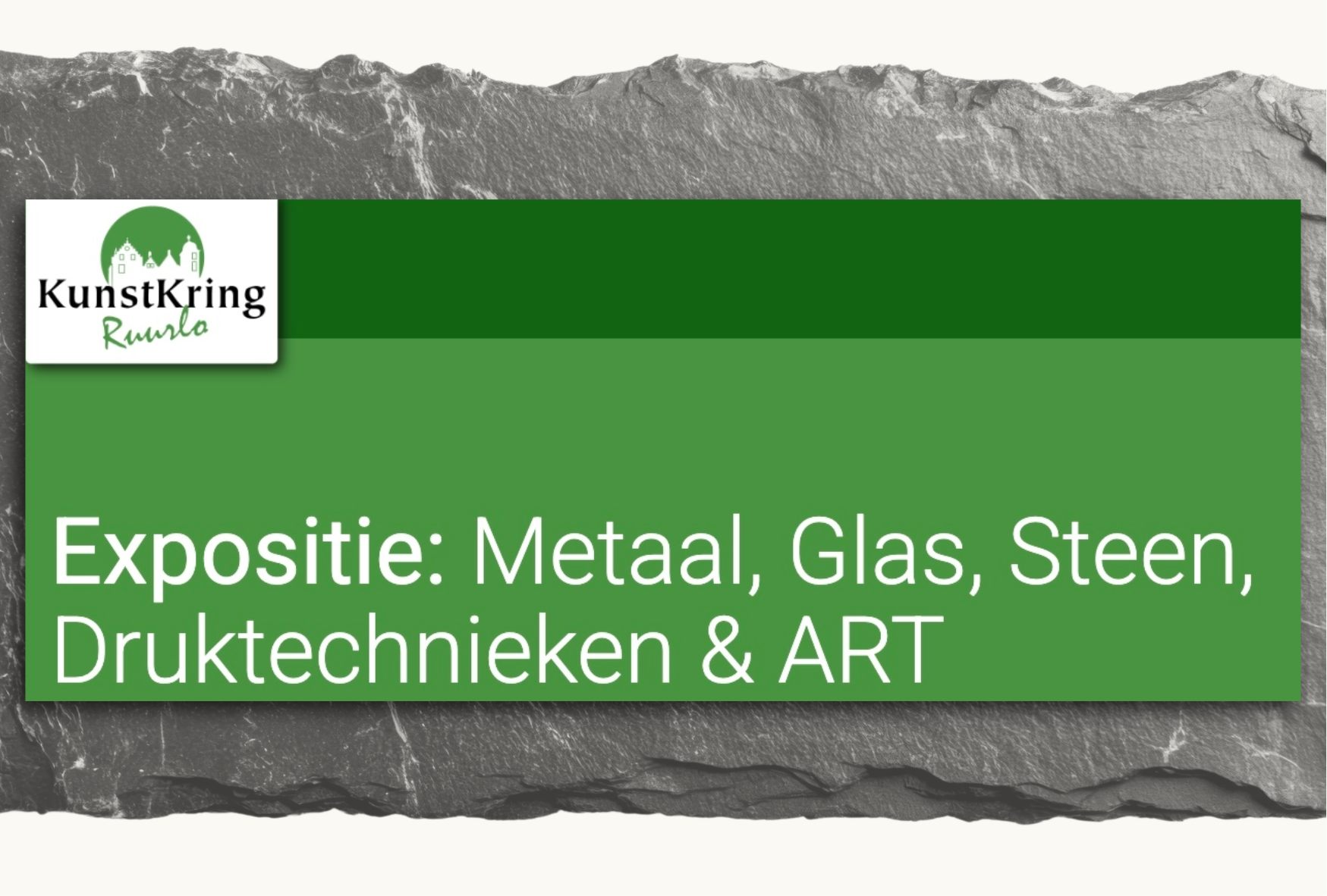 Een groene flyer over expositie voor metalen, glas, steen, druktechnieken en kunst