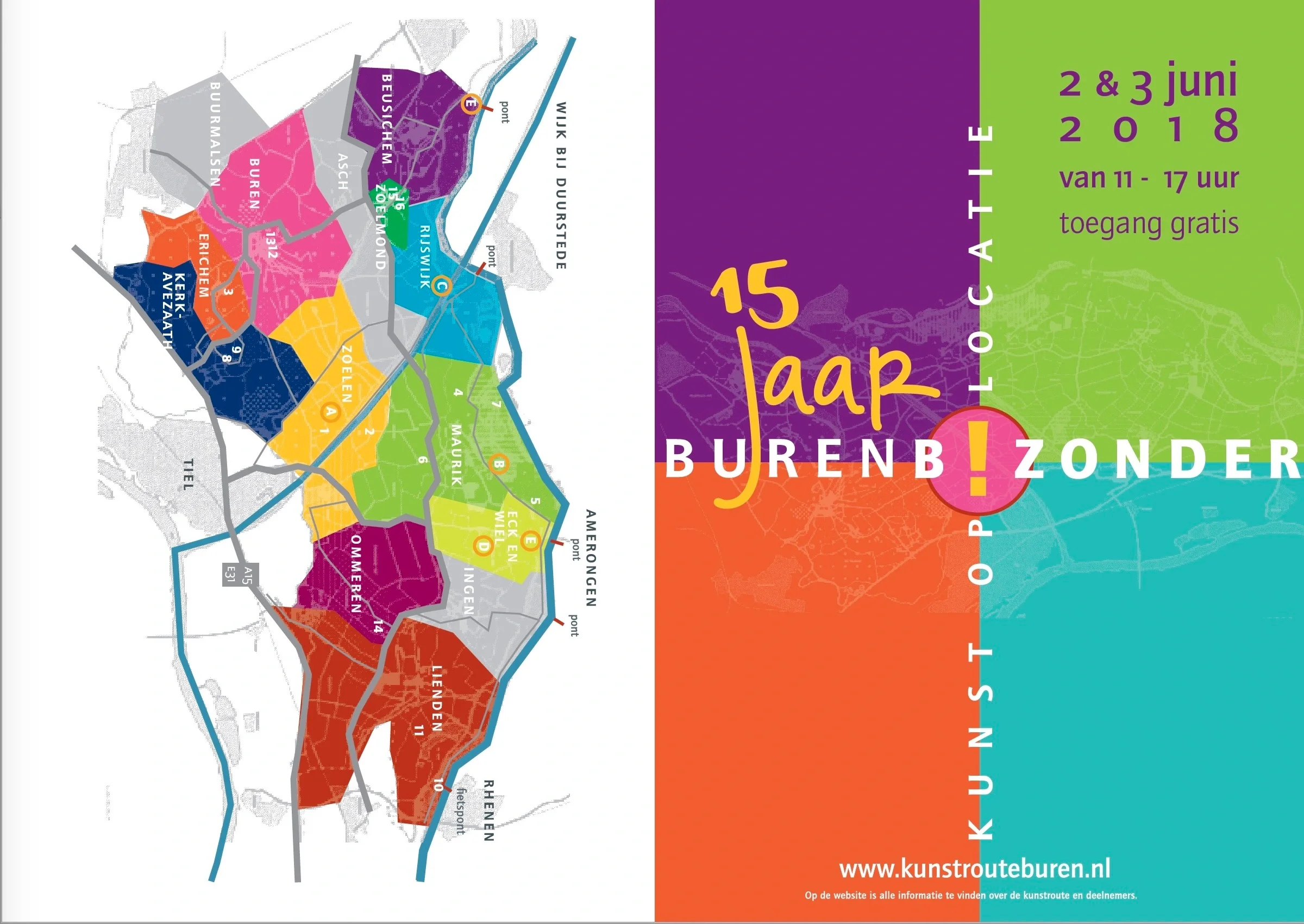 Kaart van omgeving Maurik met verschillende buurten in kleurrijke secties en informatie over een evenement op 2 en 3 juni 2018, van 11-17 uur, met gratis toegang.