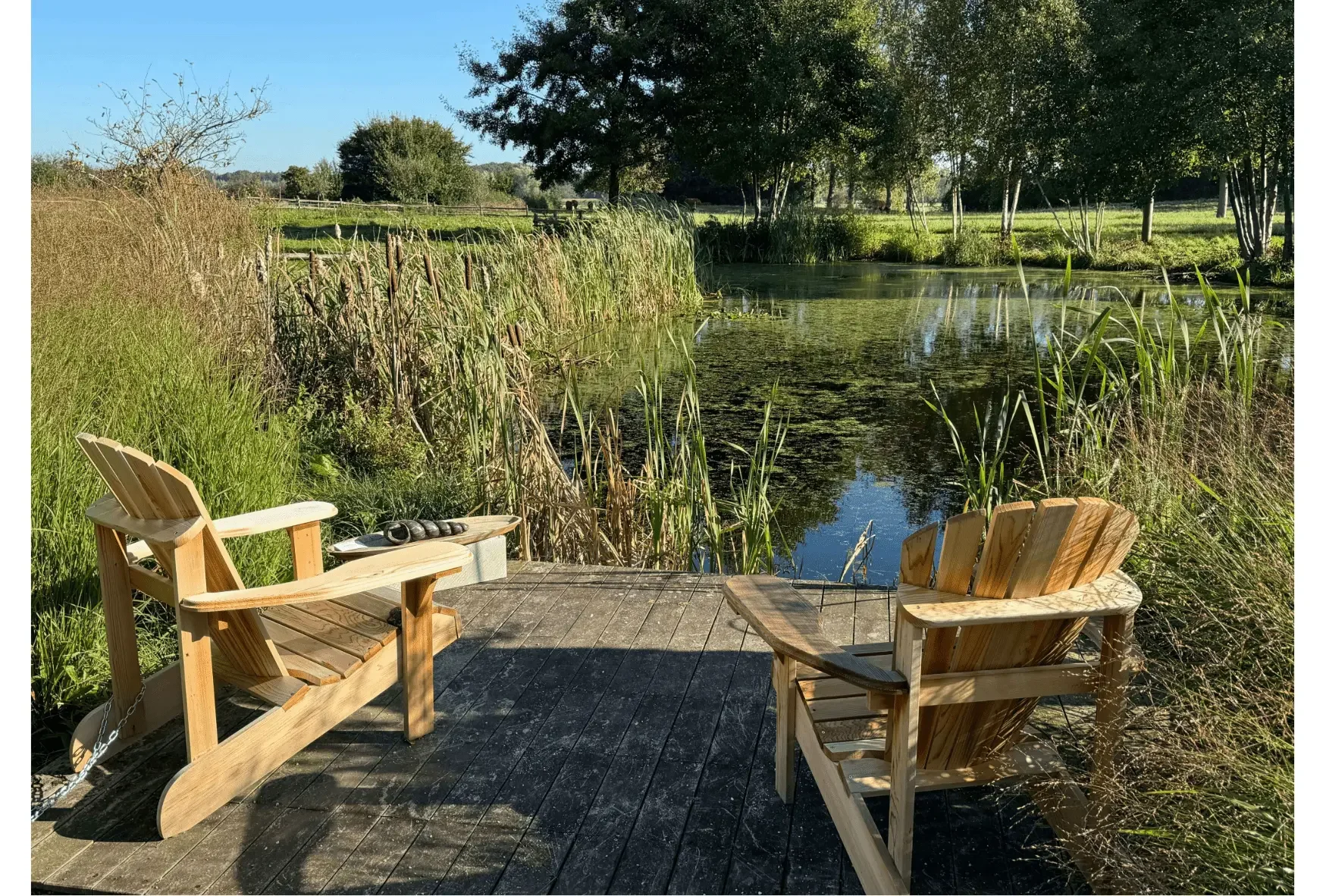 Twee houten tuinstoelen op een houten terras, uitzicht op een rustige vijver met planten en bomen, heldere blauwe lucht.