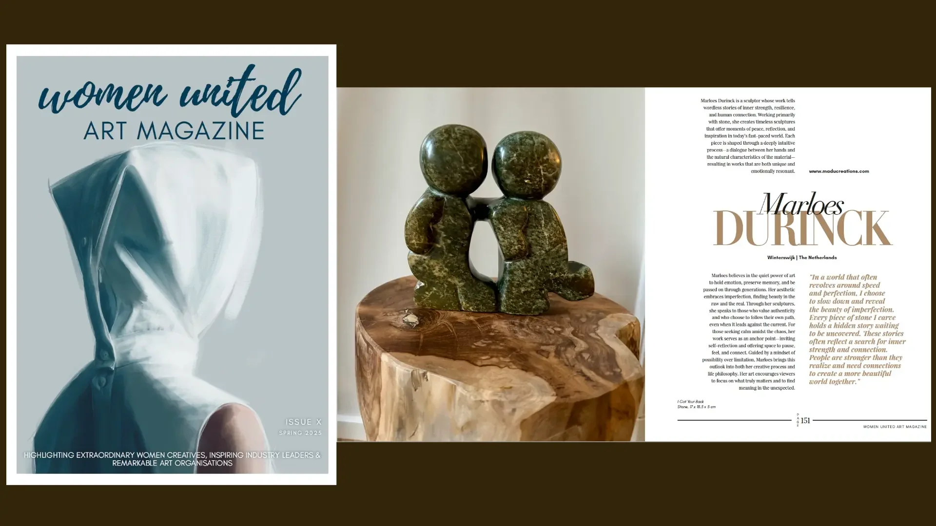 Voorpagina van Women United Art Magazine met een afbeelding van een sculptuur van Marloes Durinck en een foto van een vrouw met een hoofddoek.