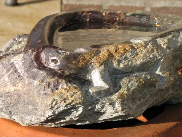Lazy Lizzard beeld, hagedis vorm op de rand van een ruw stenen vogeldrinkpak. Paarsige kleur steen met bruin accenten.
