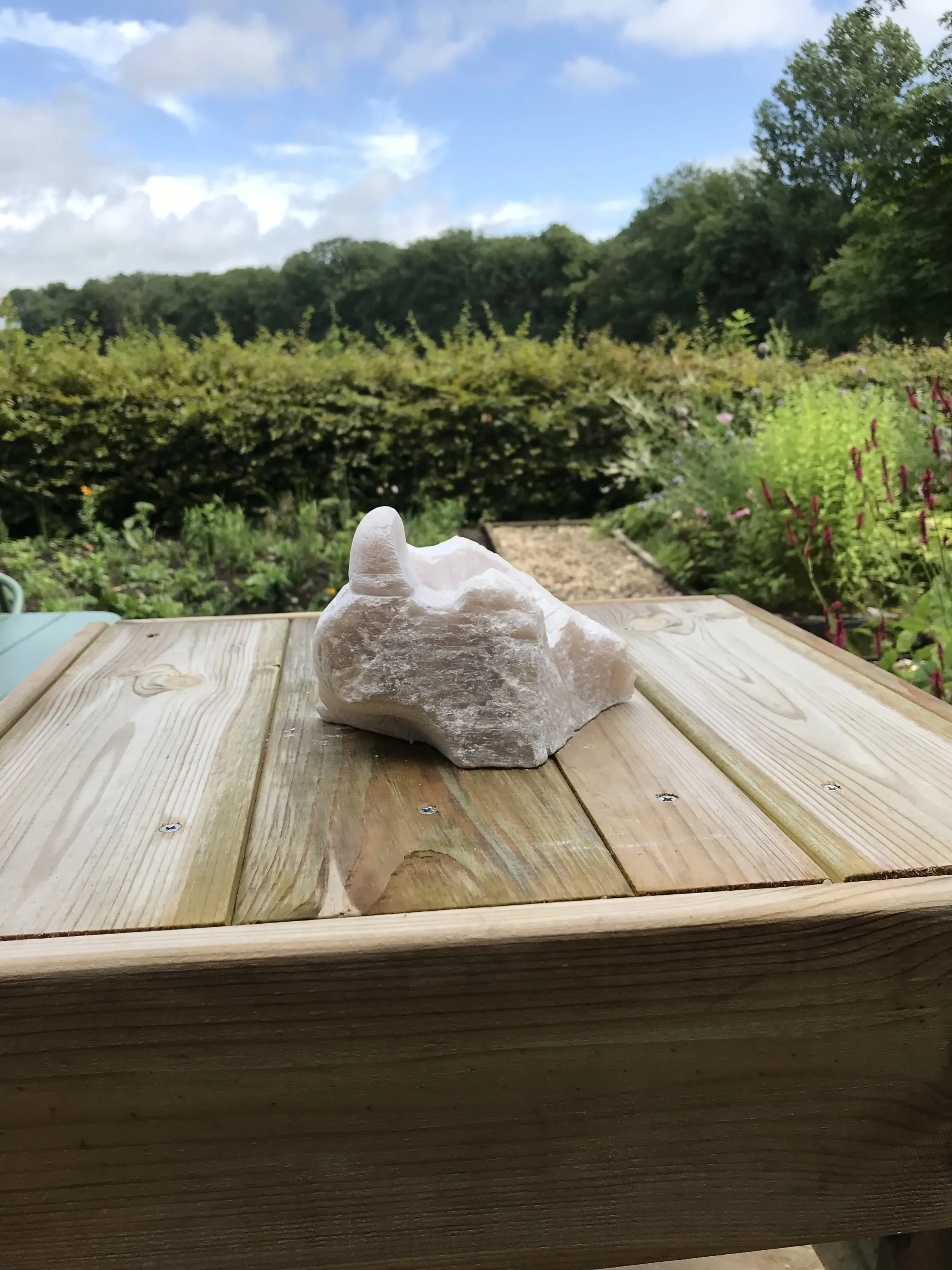 Zijkant van het beeld Neushoor, kop van een neushoorn van roze speksteen staand op een houten beeldhouwbok.