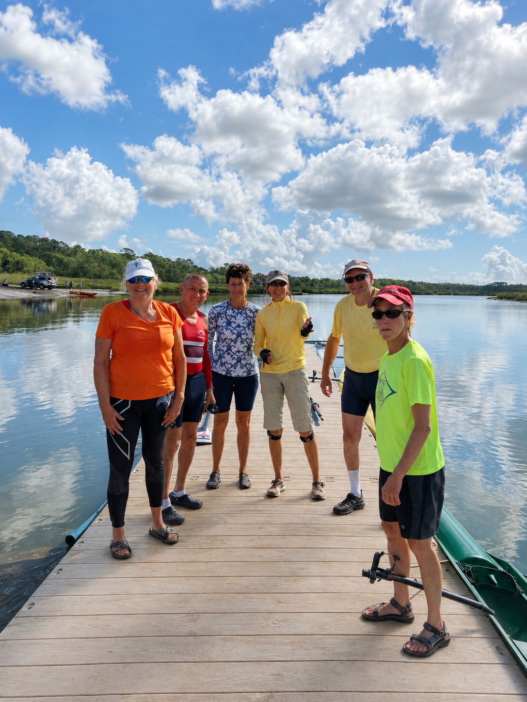 Group of seven rowers from Palmetto Rowing Club standing on a wooden dock by Broad Creek on Hilton Head Island, with trees and a cloudy sky in the background.