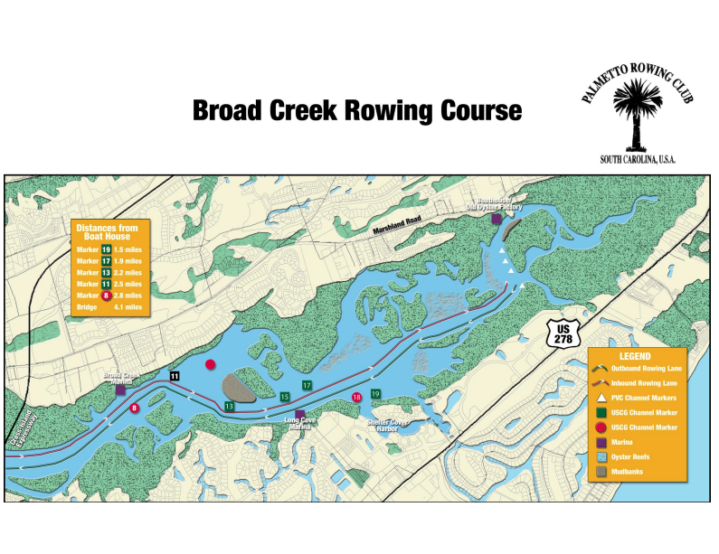 Map of Broad Creek Rowing Course showing distances from boat house, lane markings, channel markers, marinas, oyster reefs, and mudbanks along the creek.