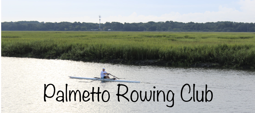 A person rowing a shell on a calm river with green marshland and trees in the background, and the text 'Palmetto Rowing Club' overlaid.