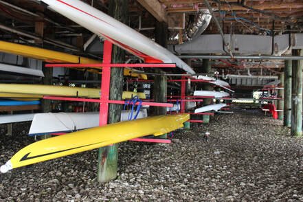 Multiple rowers' shells stored on racks in a boat storage area.