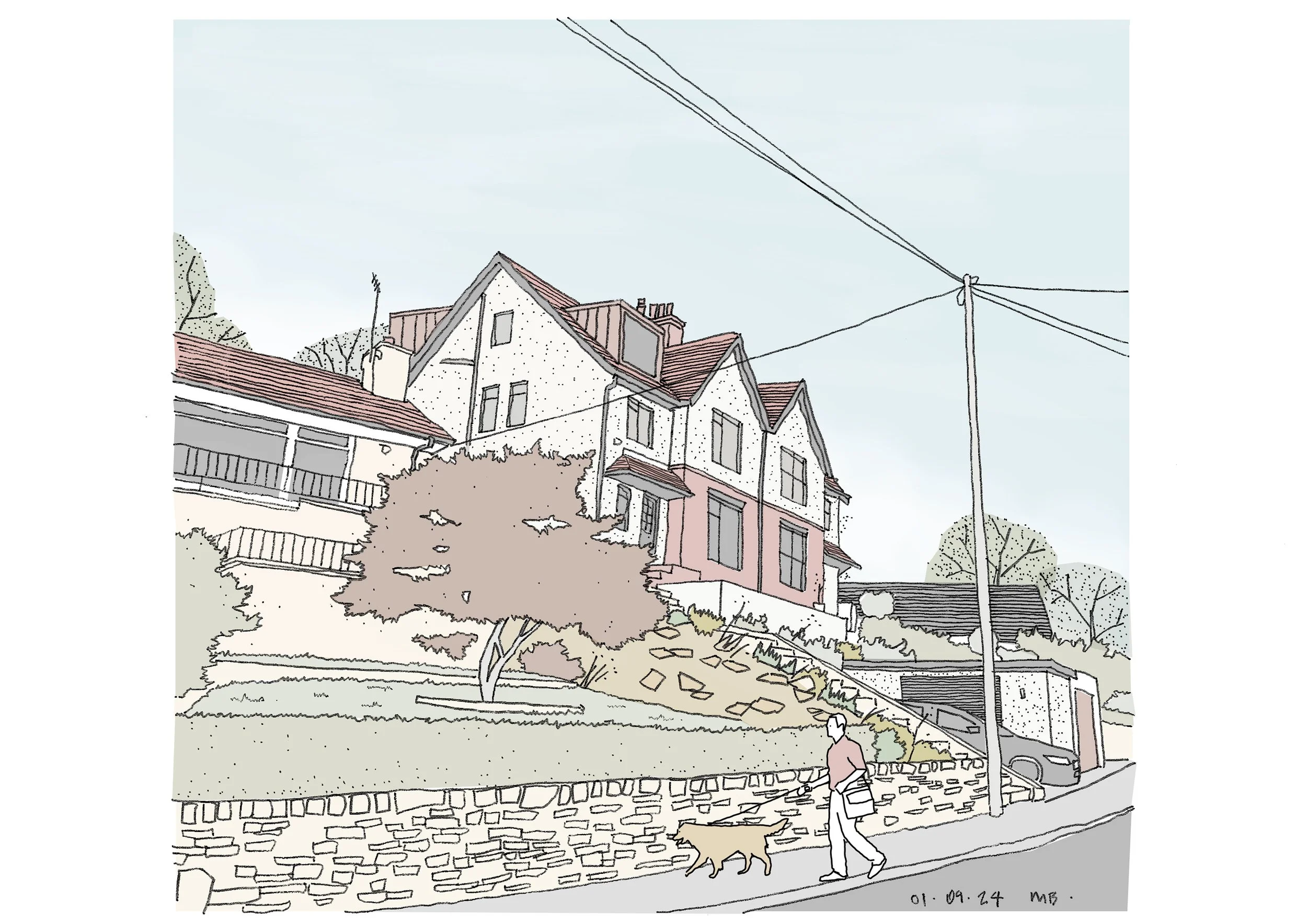 A sketch of a residential street with houses, trees, and a person walking a dog.