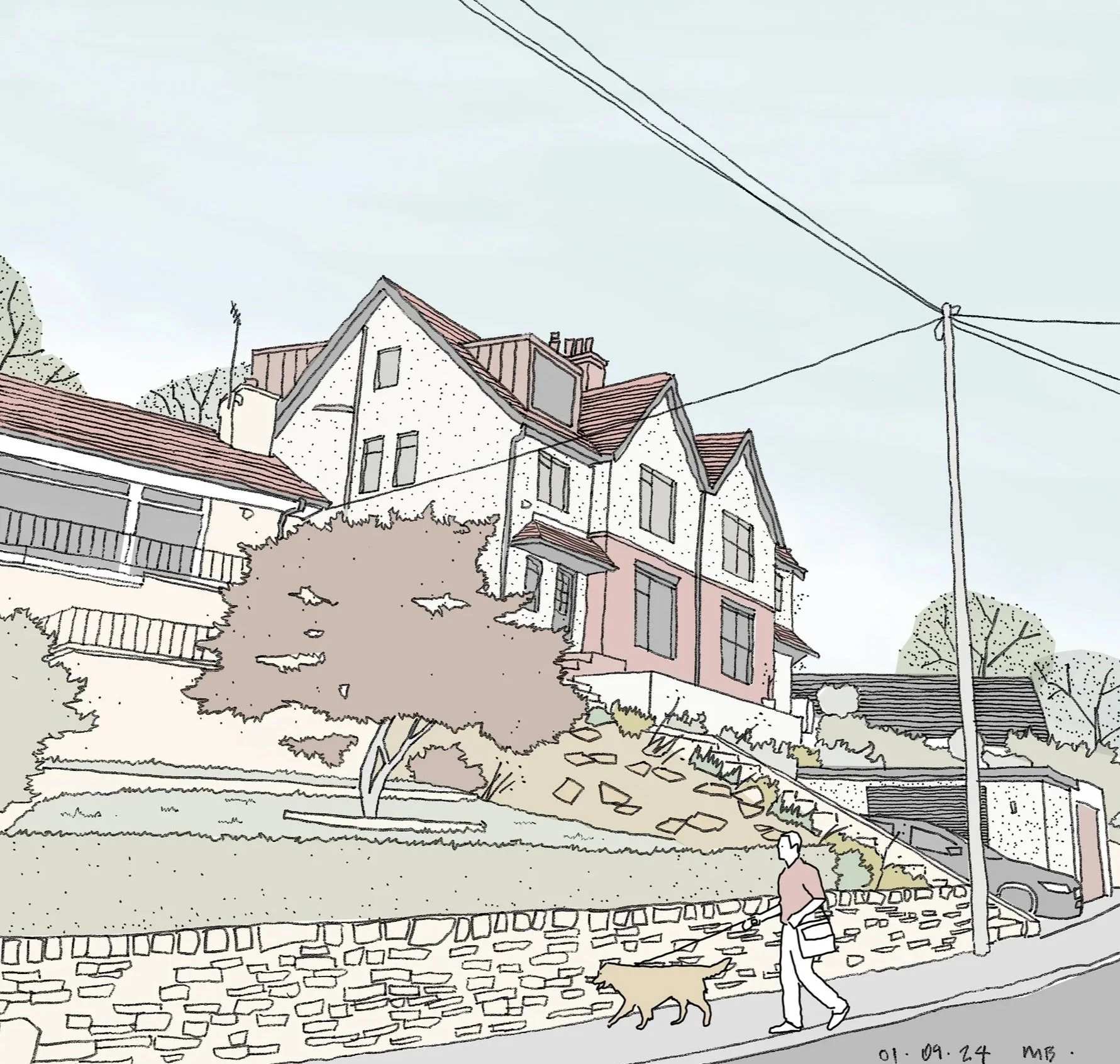 A digitally stylized drawing of a suburban neighborhood scene with houses, trees, a person walking a dog, a stone wall, a person walking, a car parked, and utility wires against a pale sky.