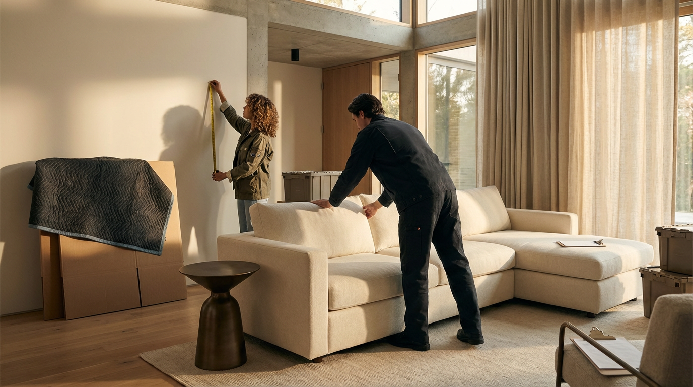 Two people arranging furniture in a living room with a white sofa, a beige rug, large windows with curtains, and a wooden door.