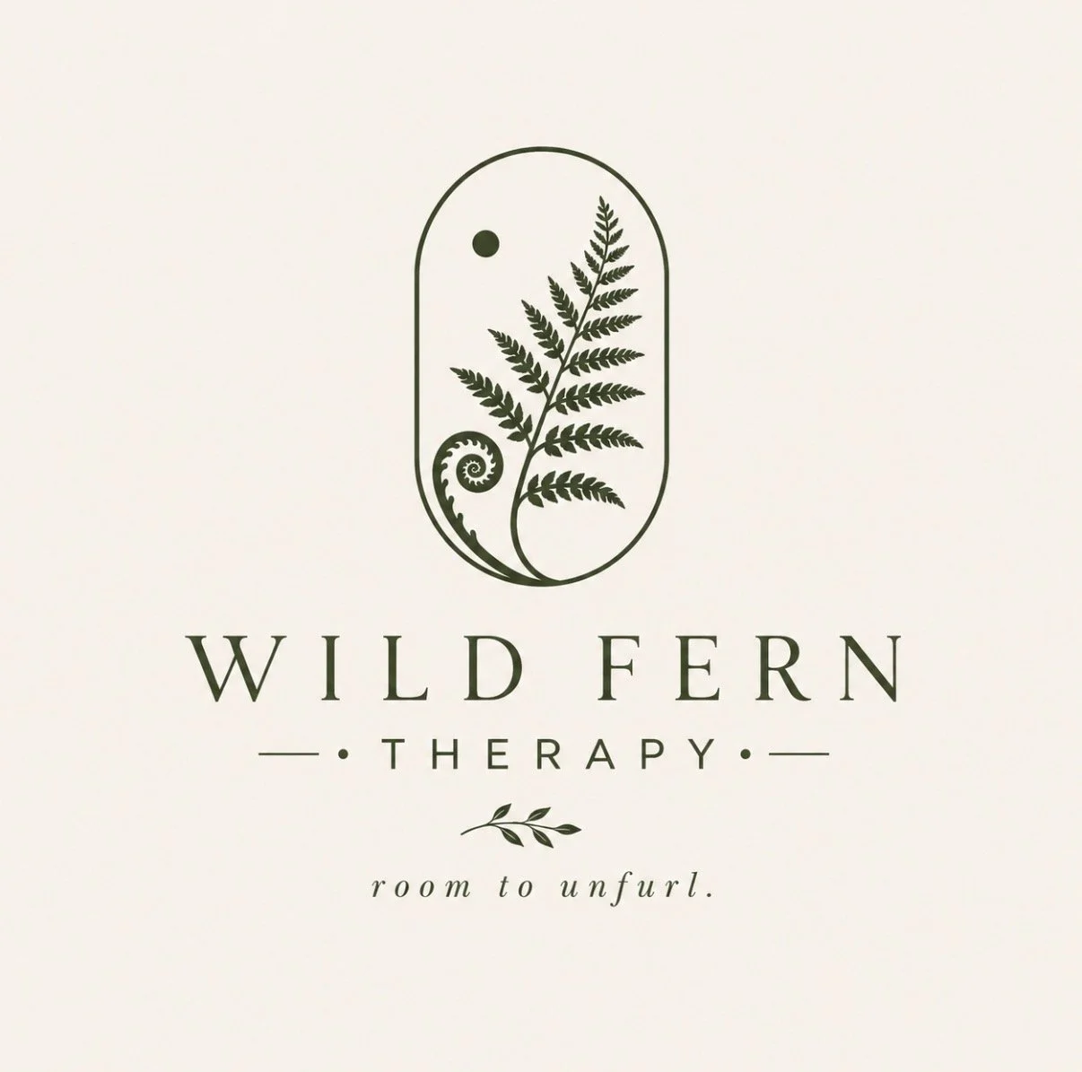 Logo for Wild Fern Therapy featuring a fern leaf framed within an oval, with the text "WILD FERN THERAPY" and the tagline "room to unfurl.""