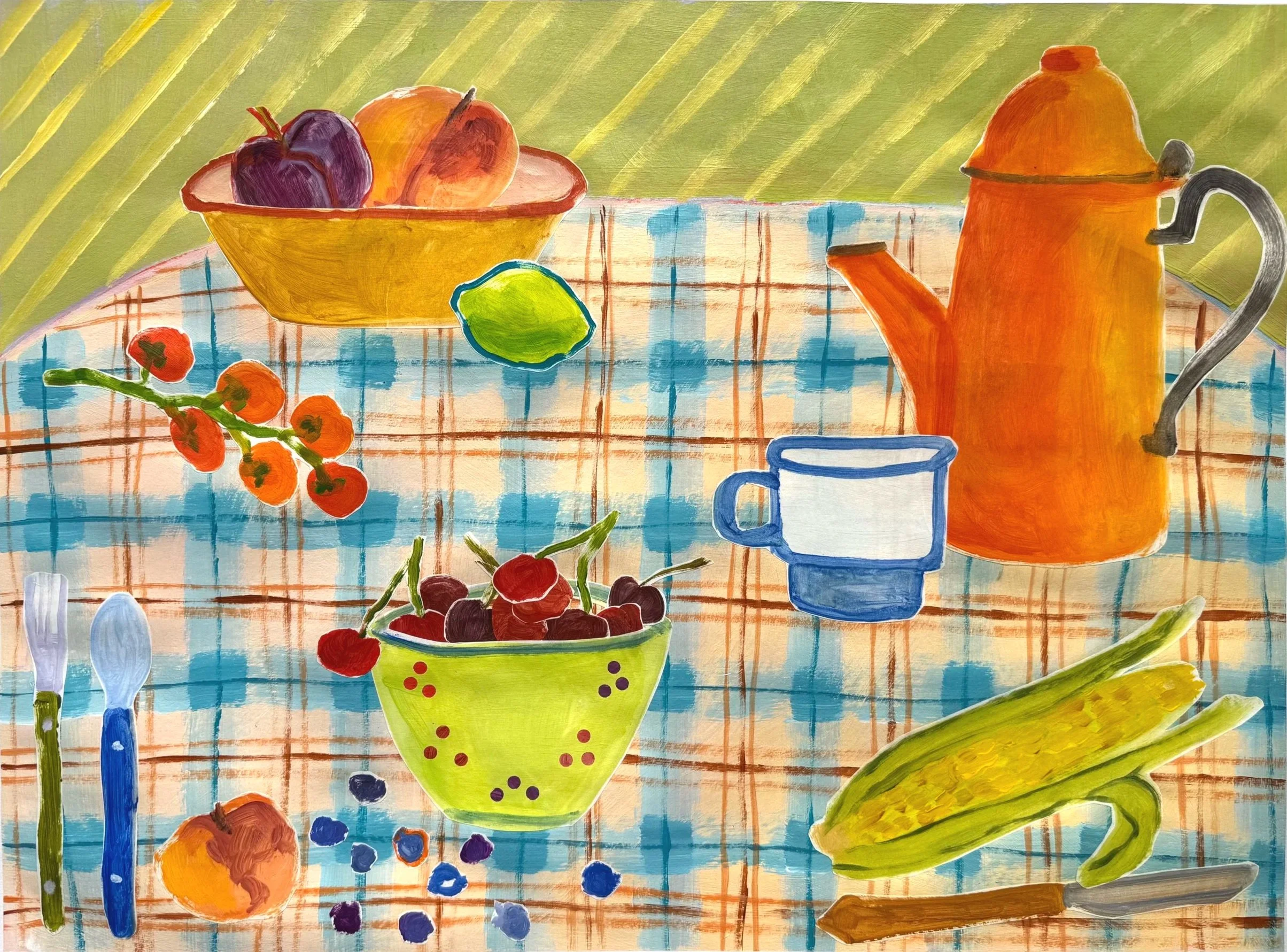 Summer Spread: 18x24, acrylic and collage on mixed media paper