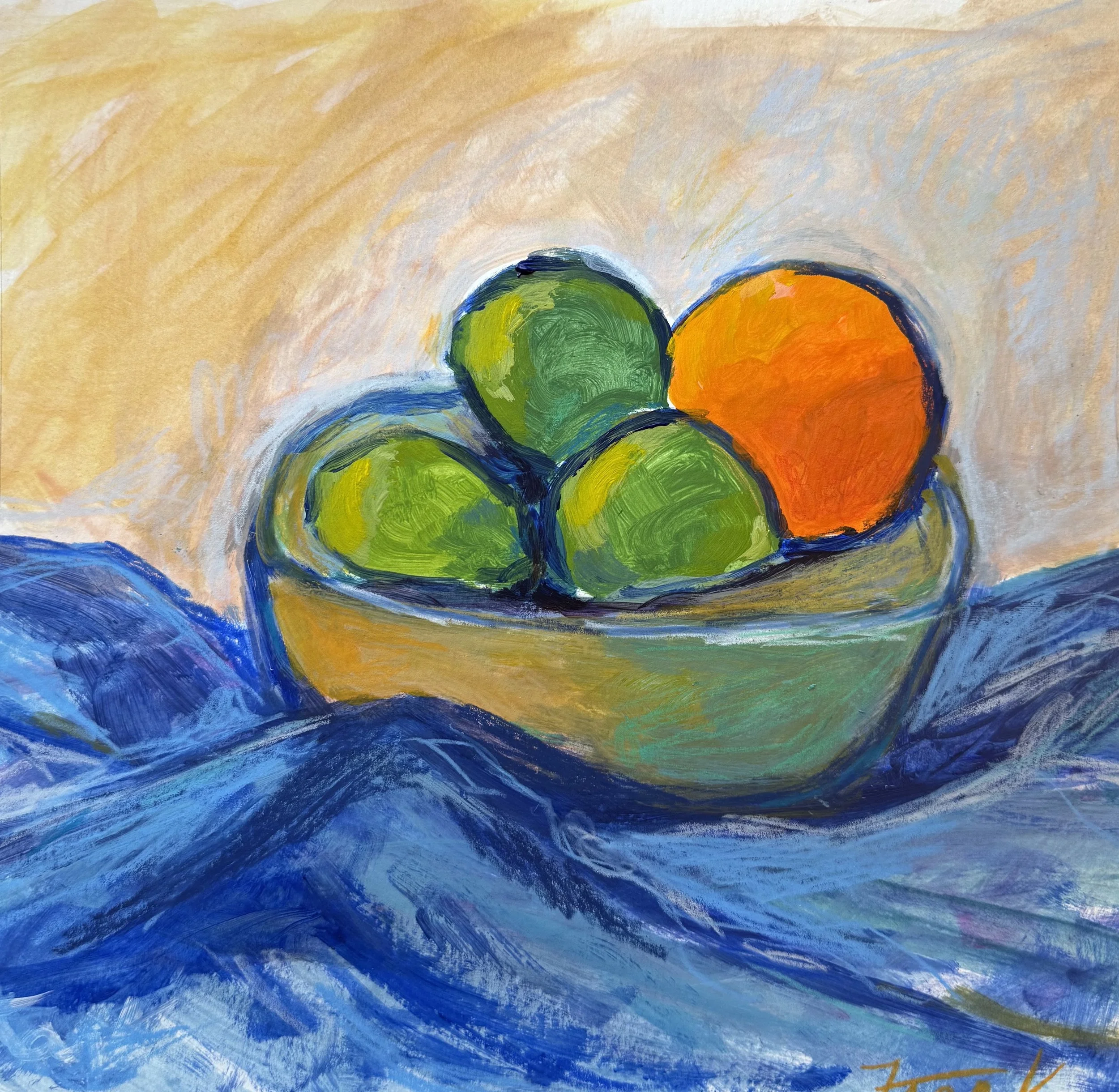 Fruit Bowl Still Life: 11x11. Mixed media on hot press watercolor paper